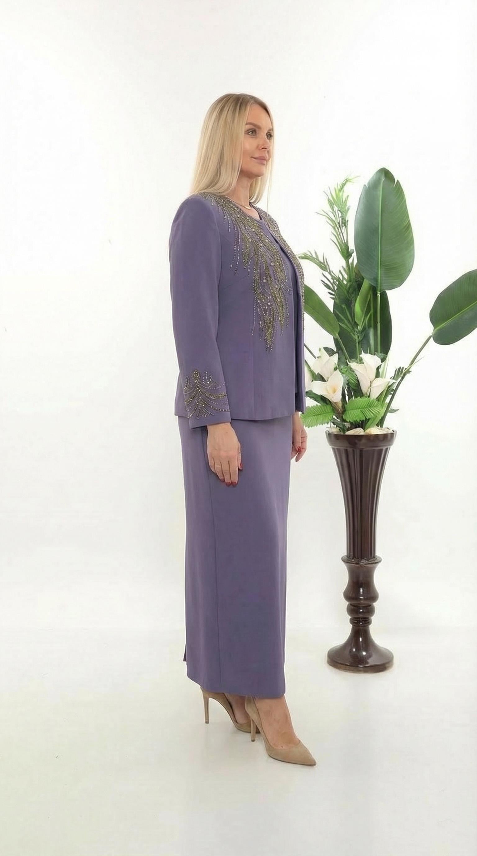 Ceketi Zarif Taş Süslemeli Kapalı Yırtmaçlı Mor Uzun Etekli Üçlü Takım