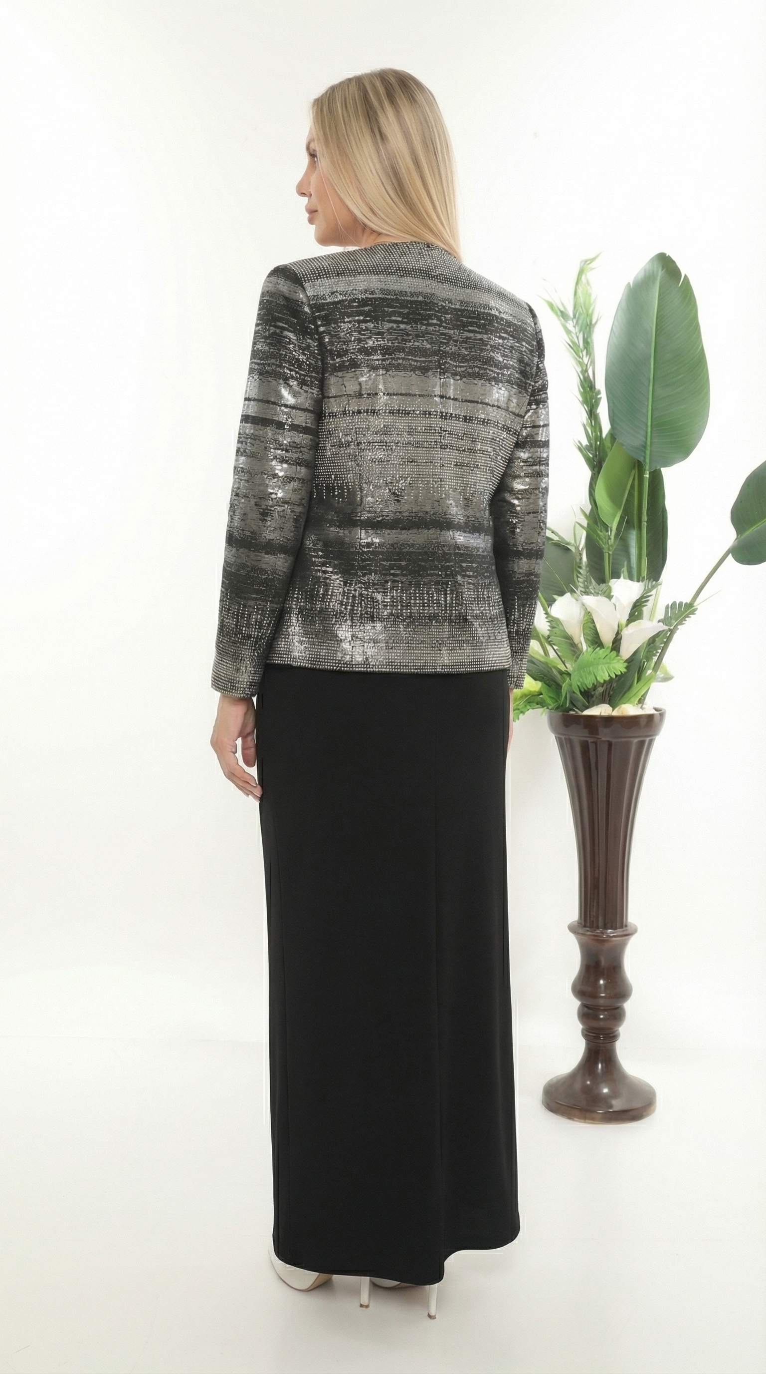 Ceketi Zarif Taş Detaylı Gümüş Uzun Etekli Üçlü Takım