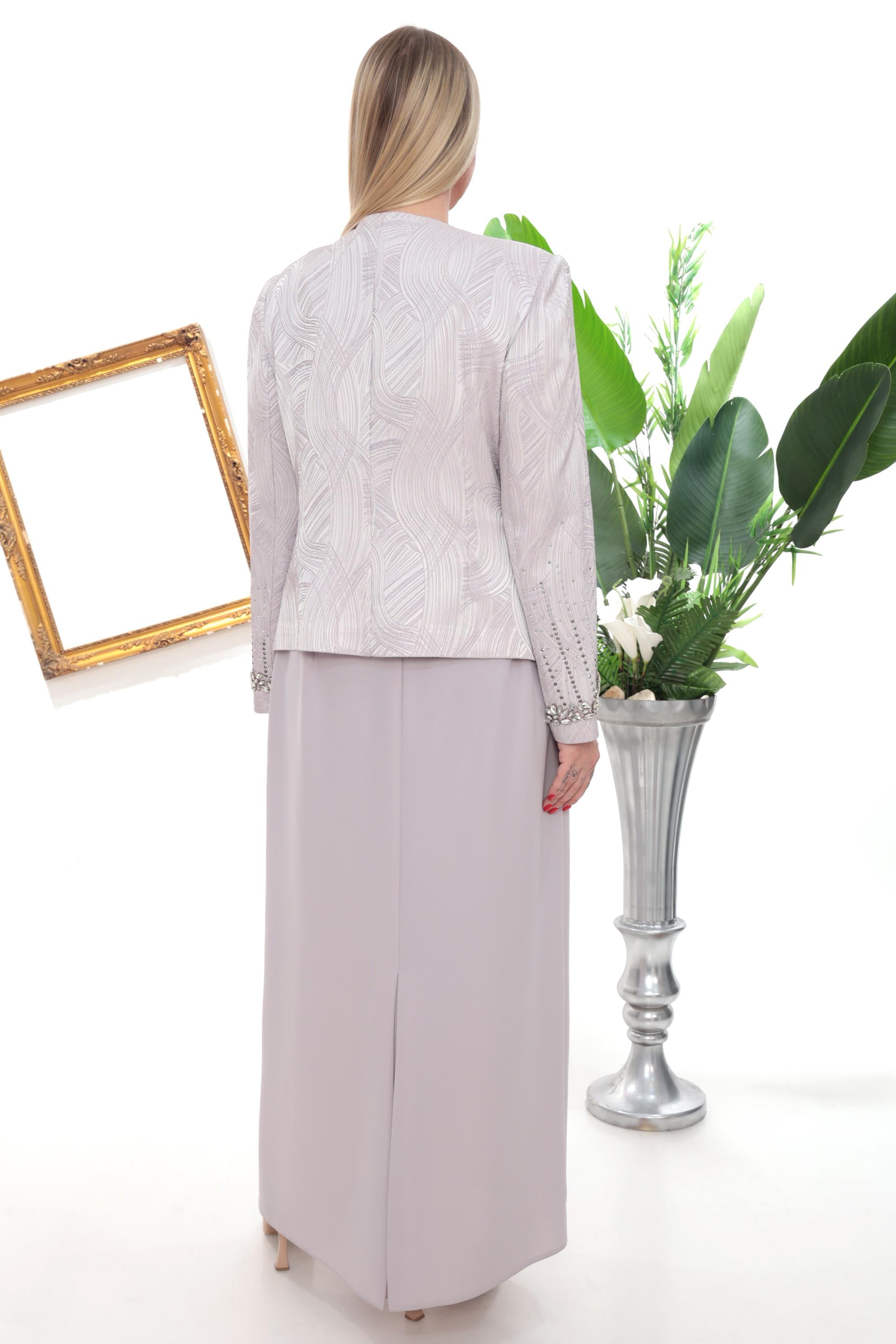 Ceketi Zarif Taş Detaylı Astarlı Gümüş Uzun Etekli Üçlü Takım