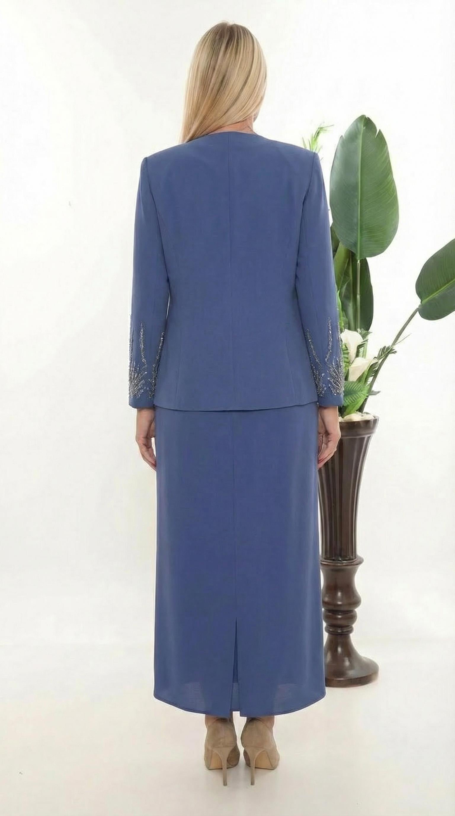 Ceketi Zarif Taş Süslemeli Yırtmaçlı Mavi Uzun Etekli Üçlü Takım