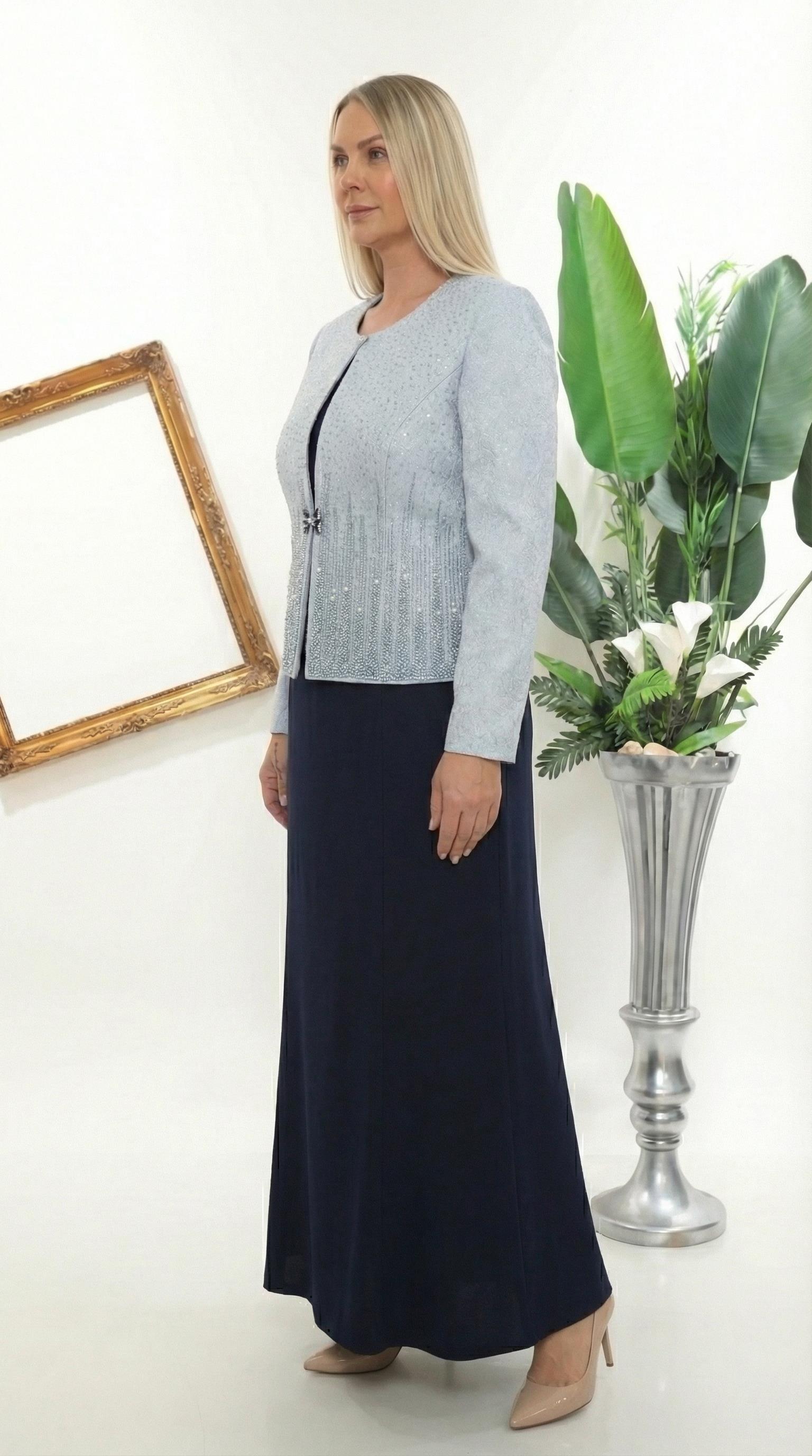 Ceketi Zarif Taş İşlemeli Lacivert Uzun Etekli Üçlü Takım