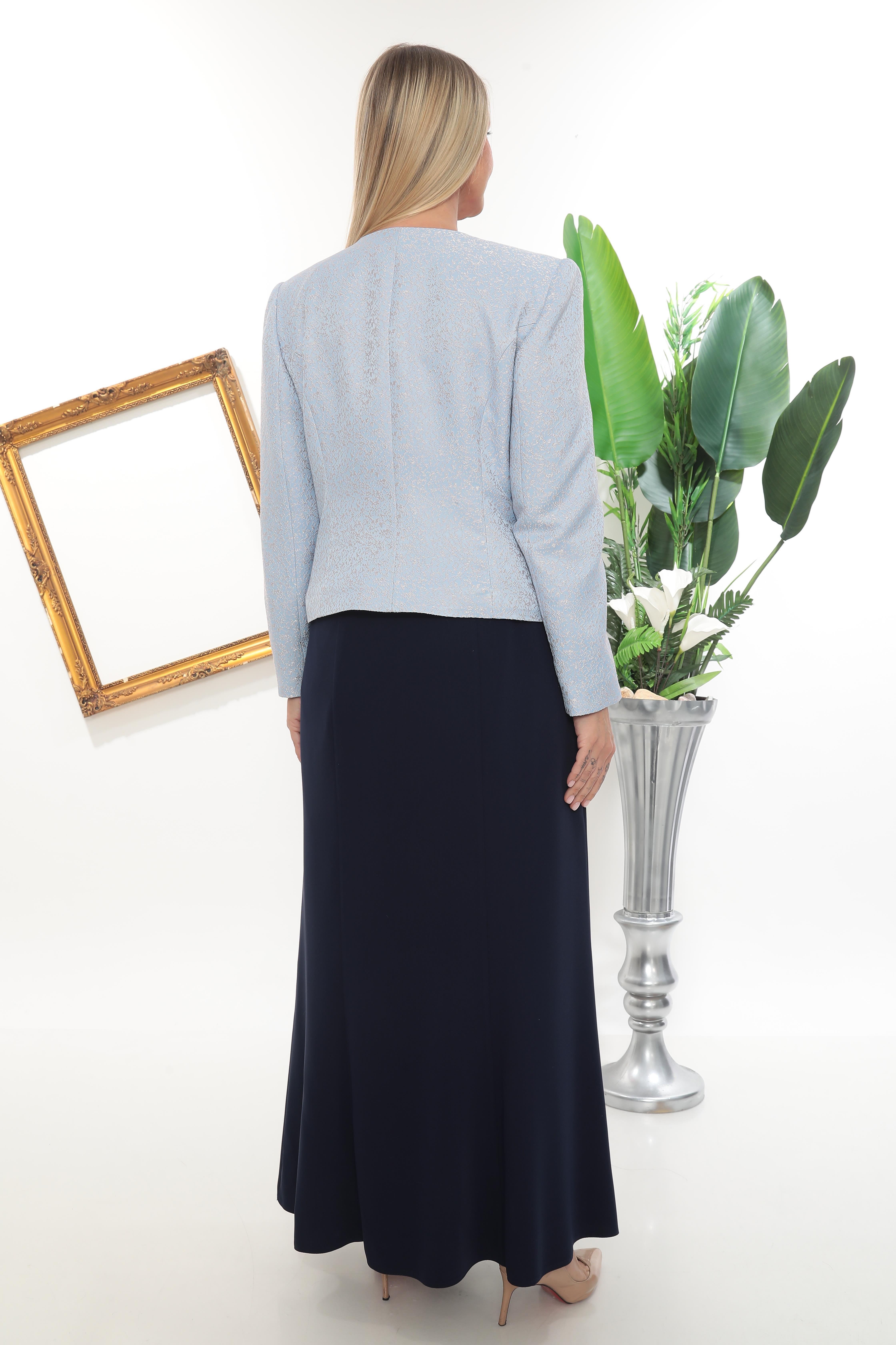 Ceketi Zarif Taş İşlemeli Lacivert Uzun Etekli Üçlü Takım