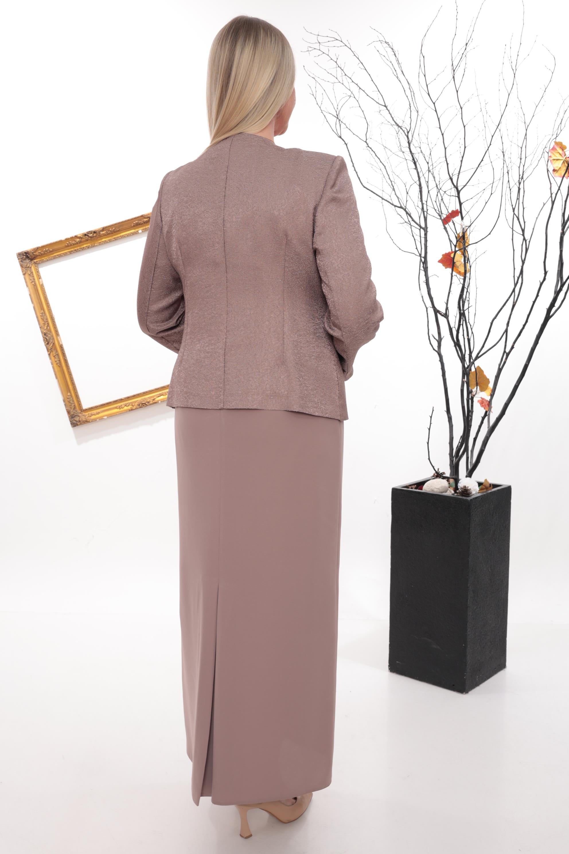 Dal Motif Taş İşlemeli Kiremit Uzun Etekli Üçlü Takım