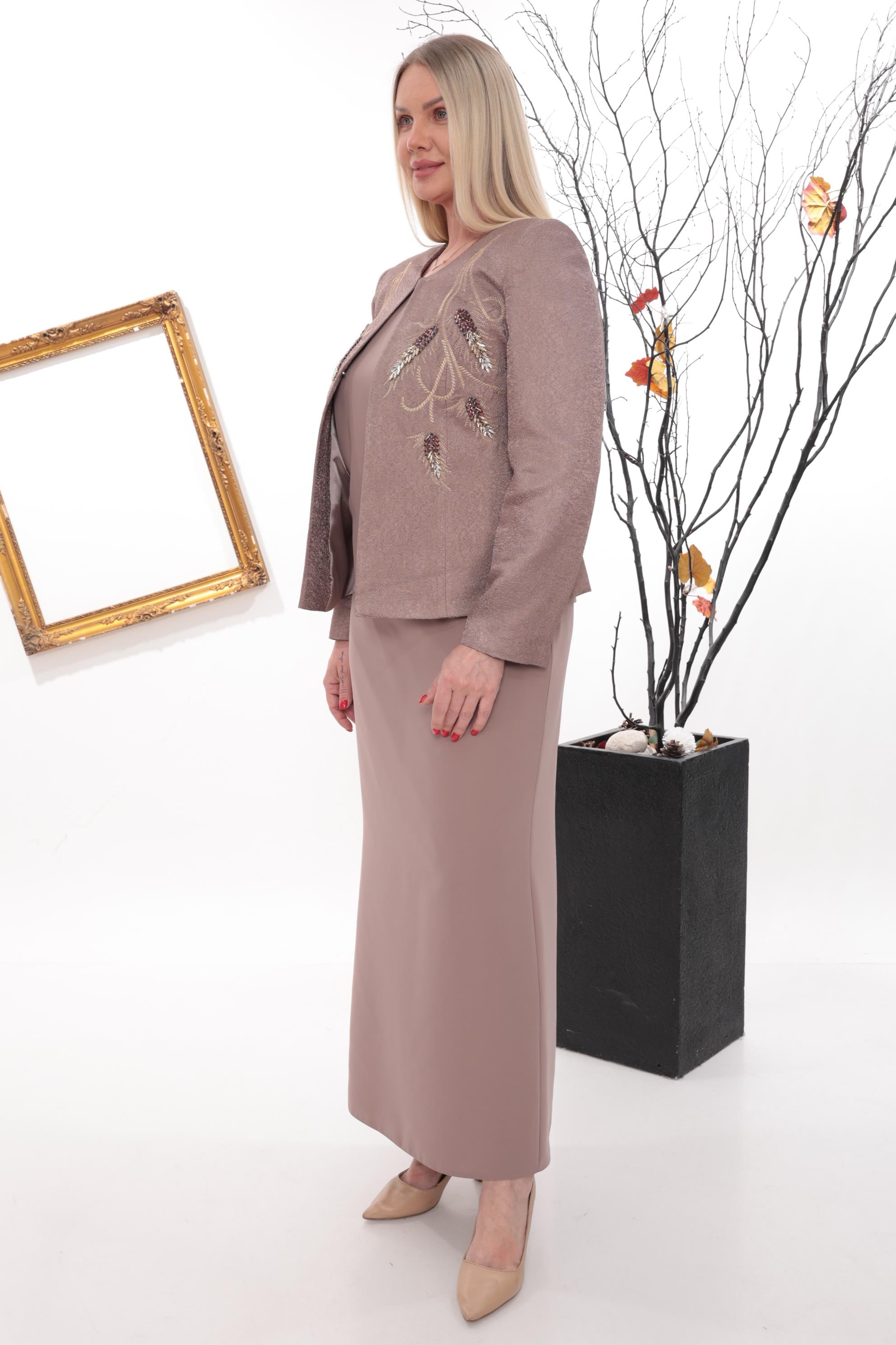 Dal Motif Taş İşlemeli Kiremit Uzun Etekli Üçlü Takım