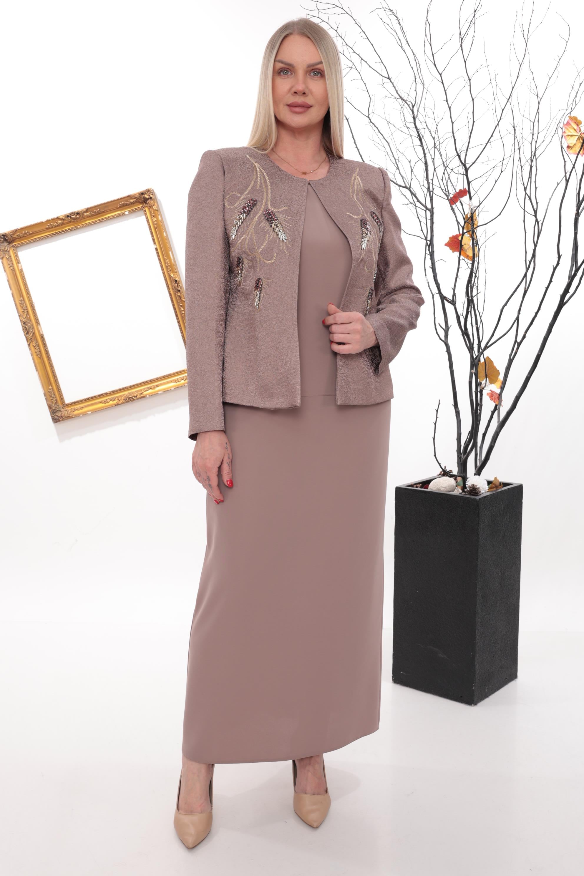 Dal Motif Taş İşlemeli Kiremit Uzun Etekli Üçlü Takım