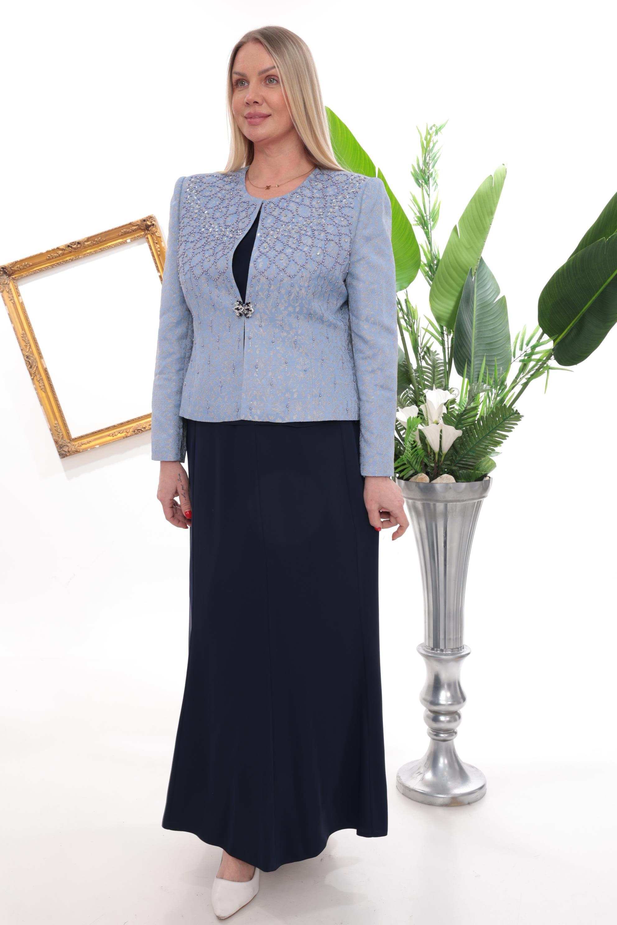 Göğüsü Ve Önü Taş İşlemeli Lacivert Uzun Etekli Üçlü Takım