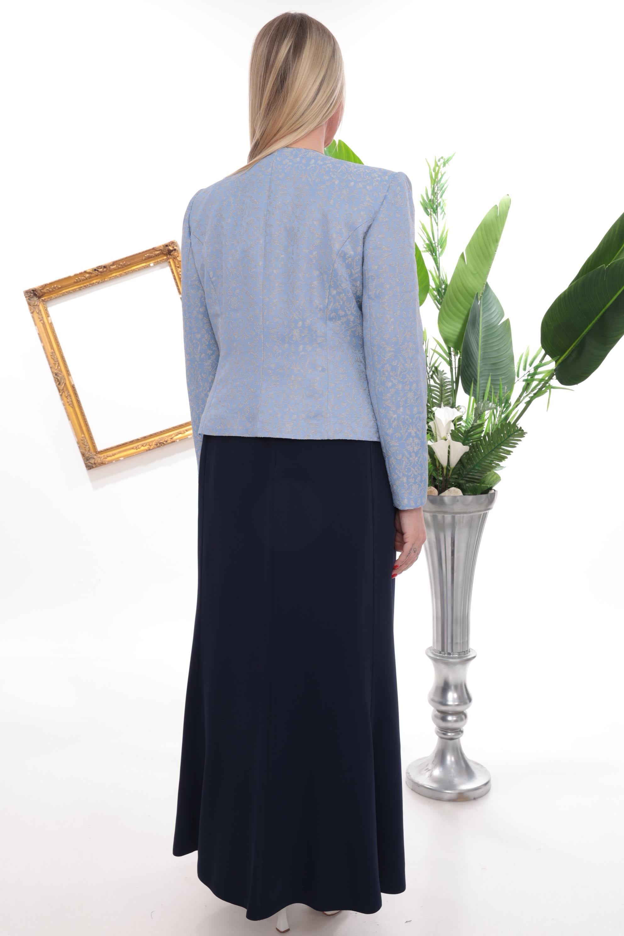 Göğüsü Ve Önü Taş İşlemeli Lacivert Uzun Etekli Üçlü Takım