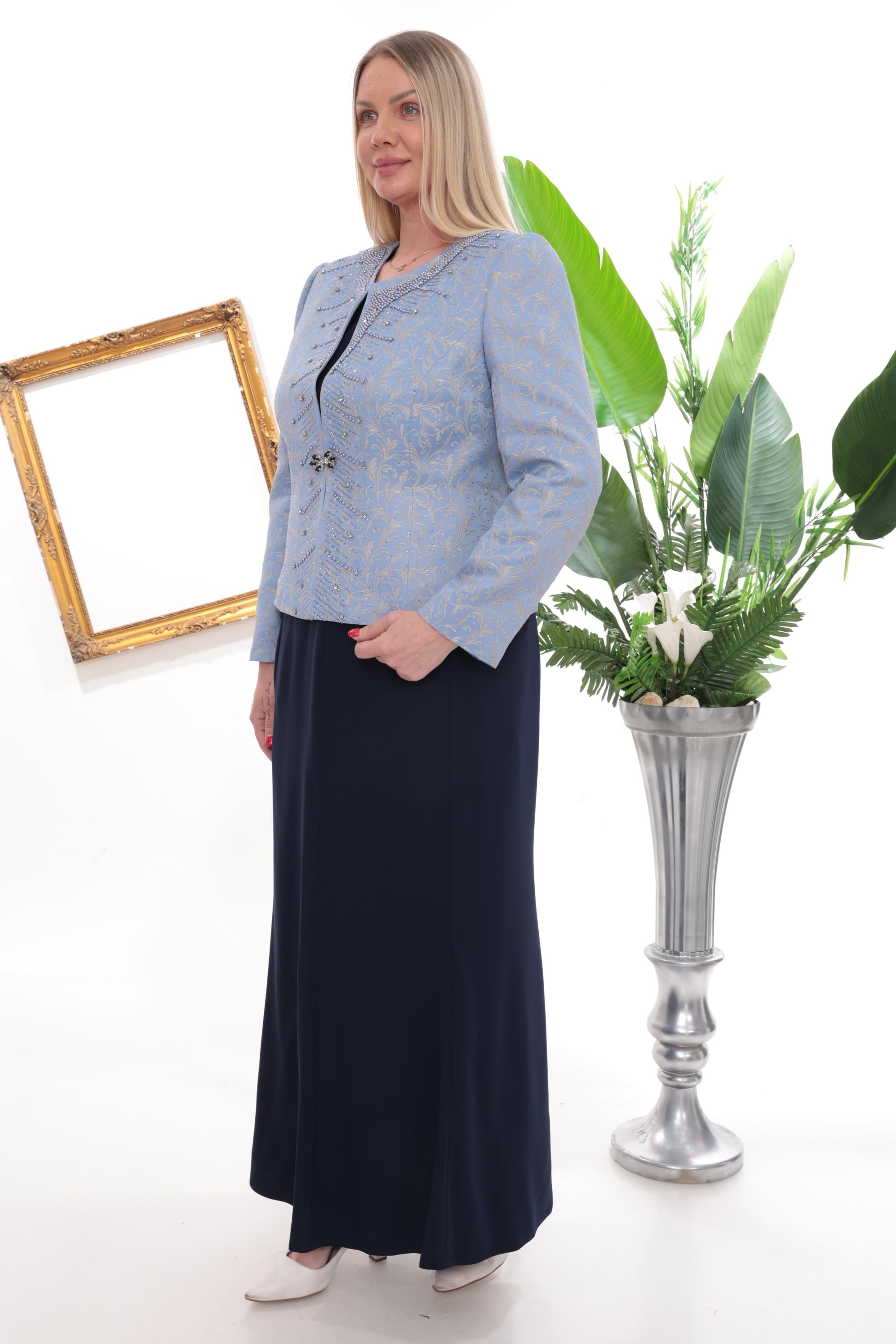 İnci ve Kristal Taş İşlemeli Lacivert Uzun Etekli Üçlü Takım