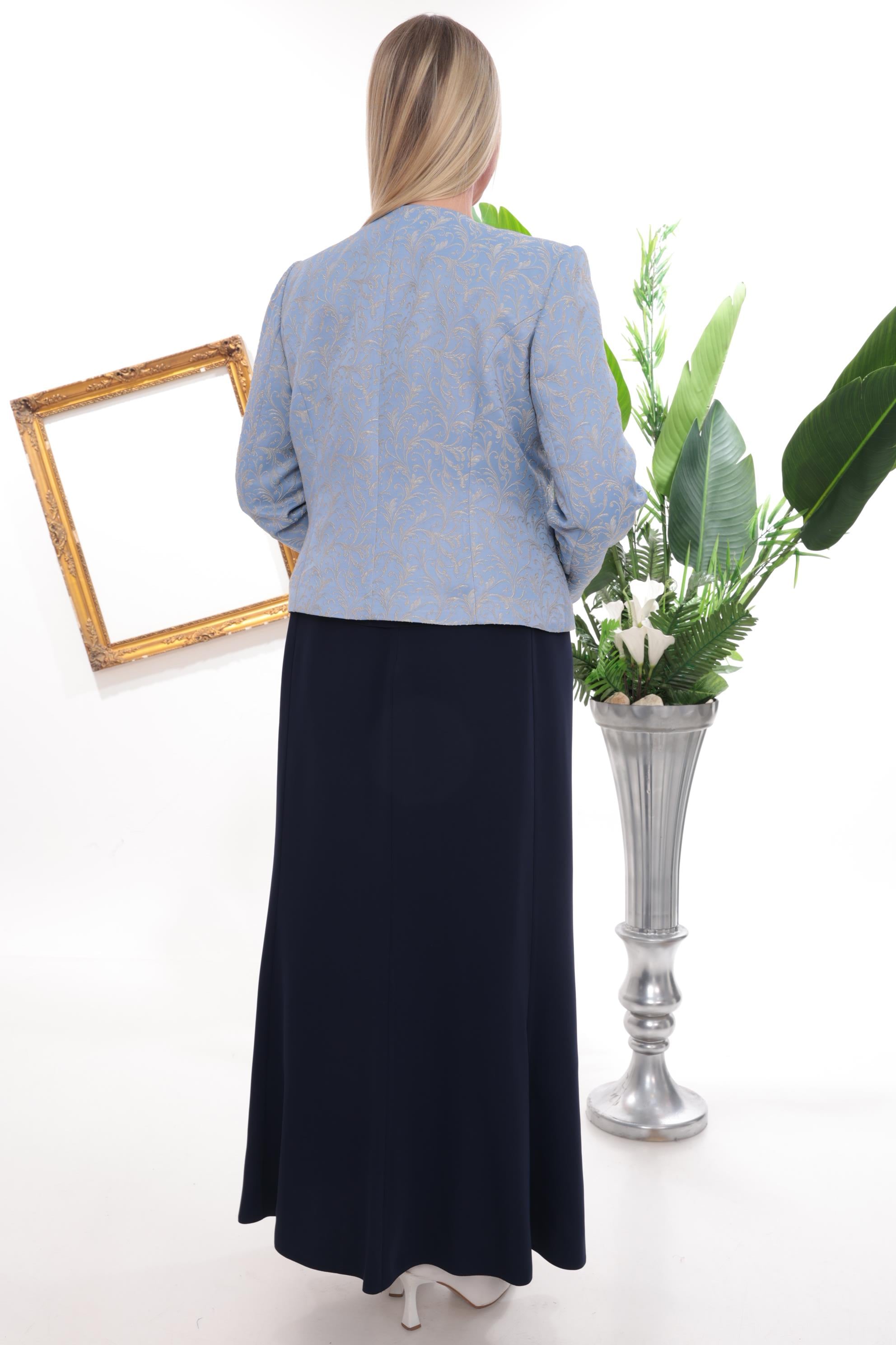 İnci ve Kristal Taş İşlemeli Lacivert Uzun Etekli Üçlü Takım