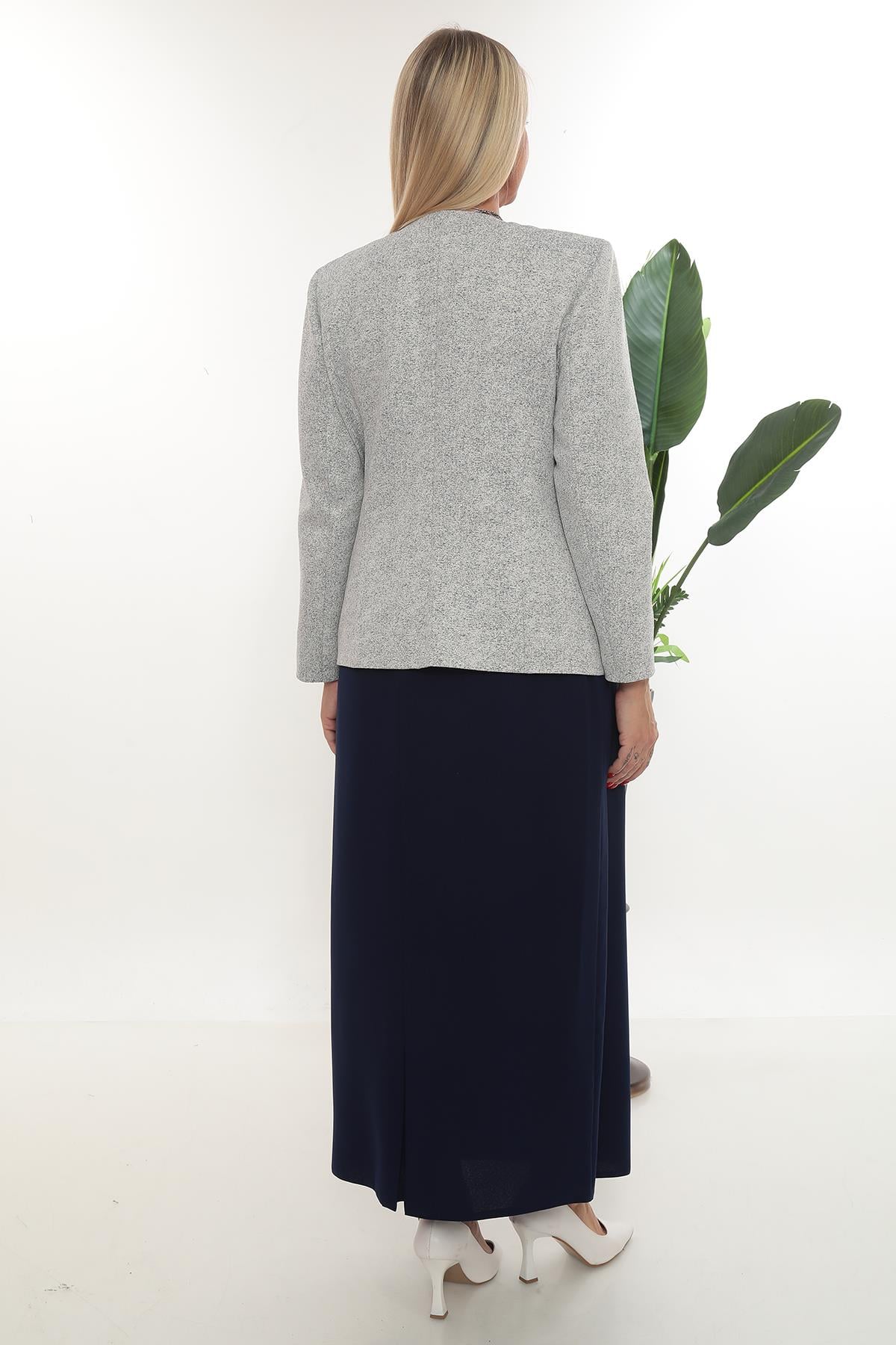 Omuzu ve Ceketi Taşlı Astarlı Mavi Uzun Etekli Üçlü Takım