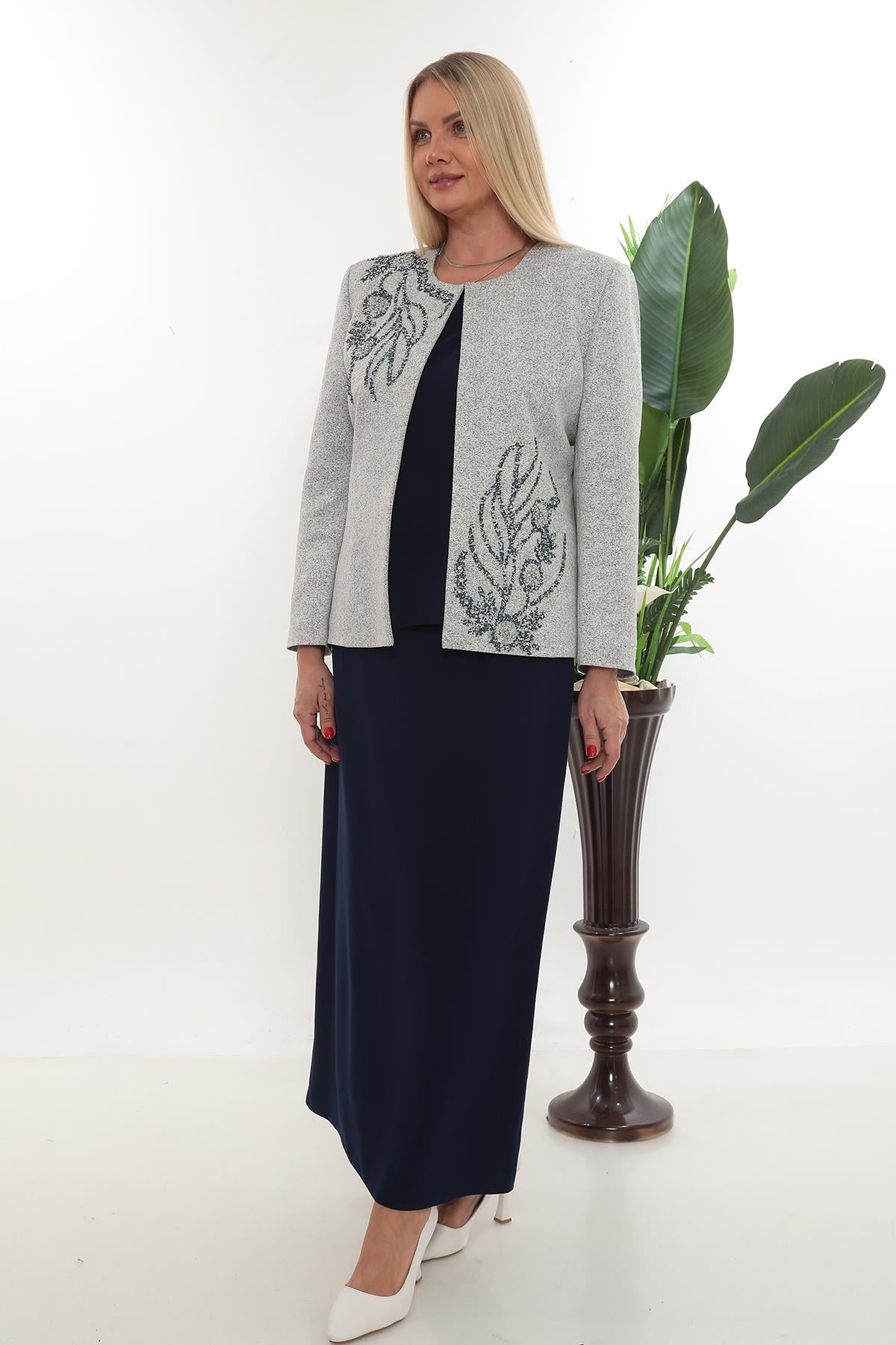 Omuzu ve Ceketi Taşlı Astarlı Mavi Uzun Etekli Üçlü Takım