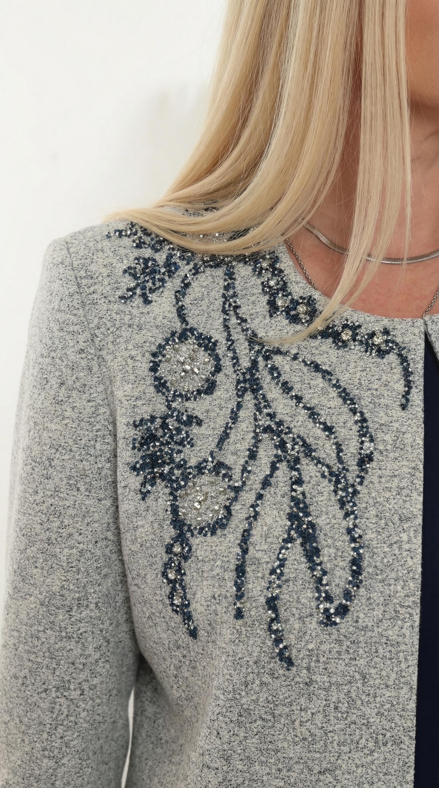 Omuzu ve Ceketi Taşlı Astarlı Lacivert Uzun Etekli Üçlü Takım