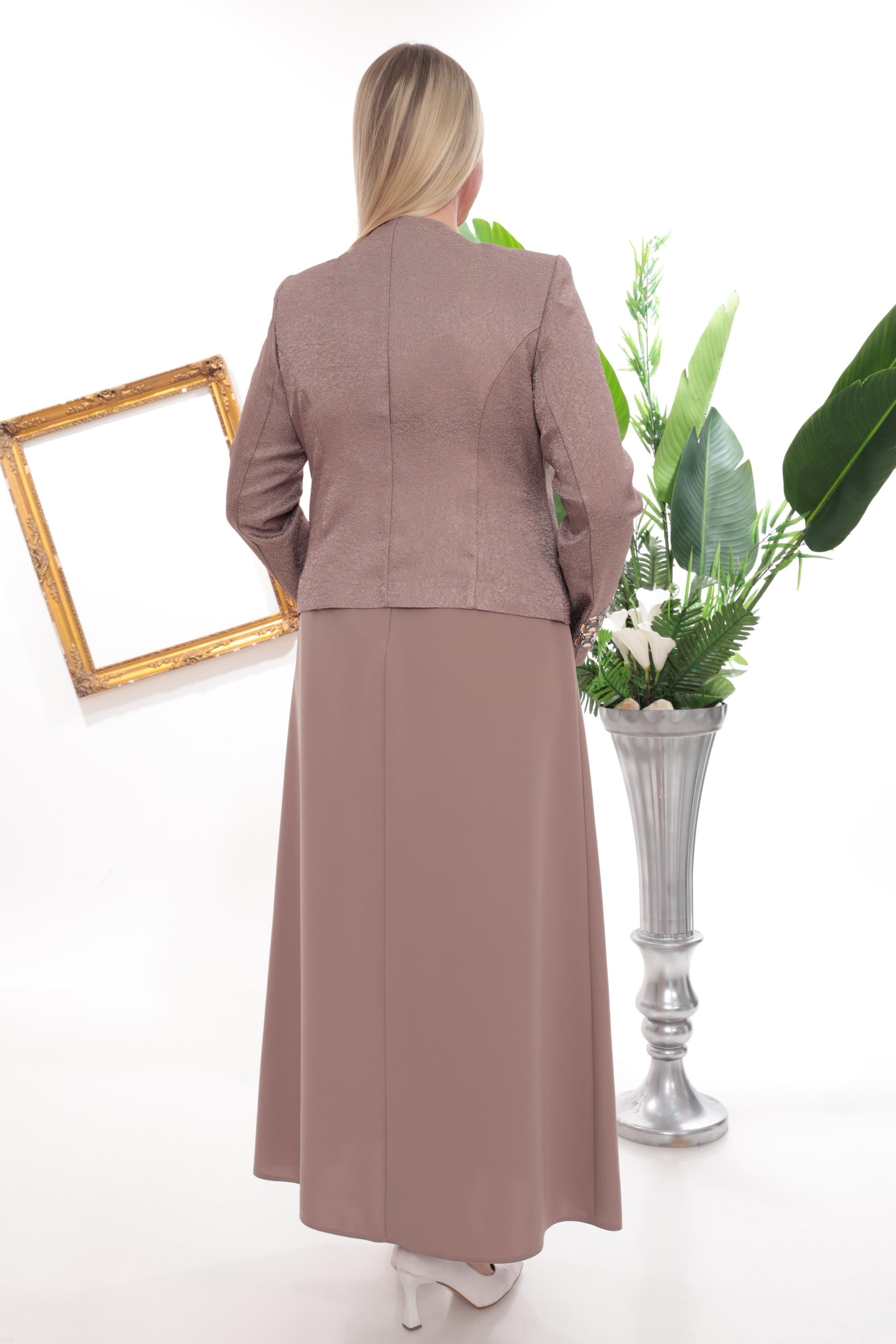 Önü Gold Blok Taş Detaylı Kahverengi Uzun Etekli Üçlü Takım