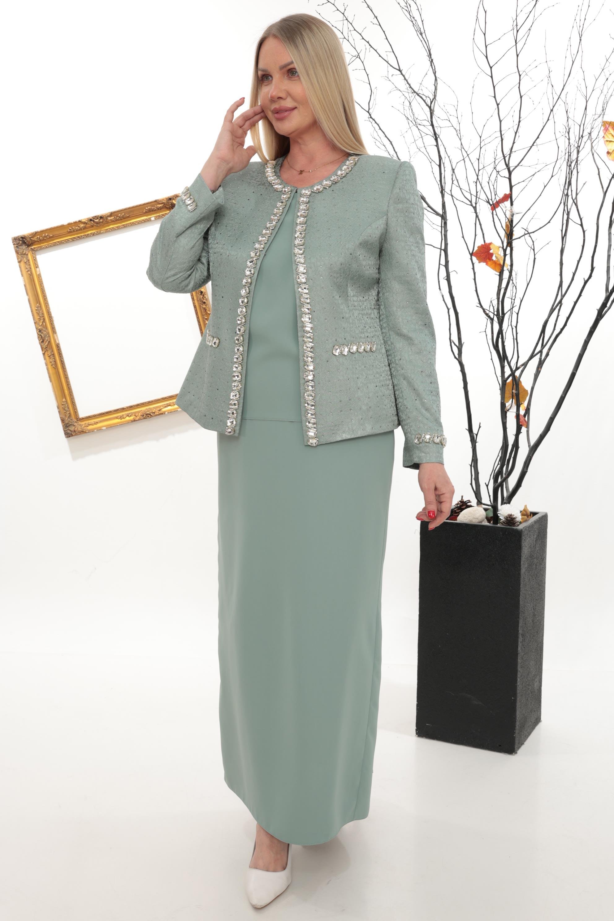 Önü Şık Taş İşlemeli Mint Uzun Etekli Üçlü Takım