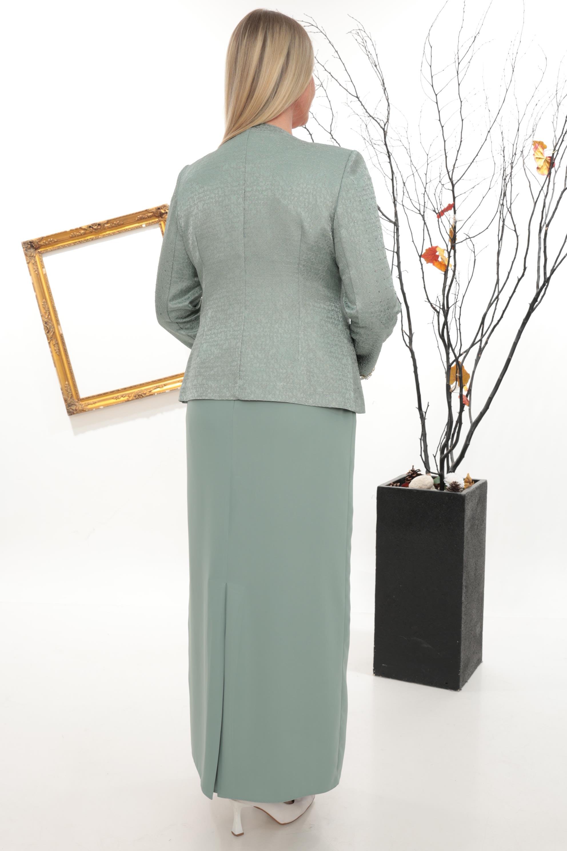 Önü Şık Taş İşlemeli Mint Uzun Etekli Üçlü Takım