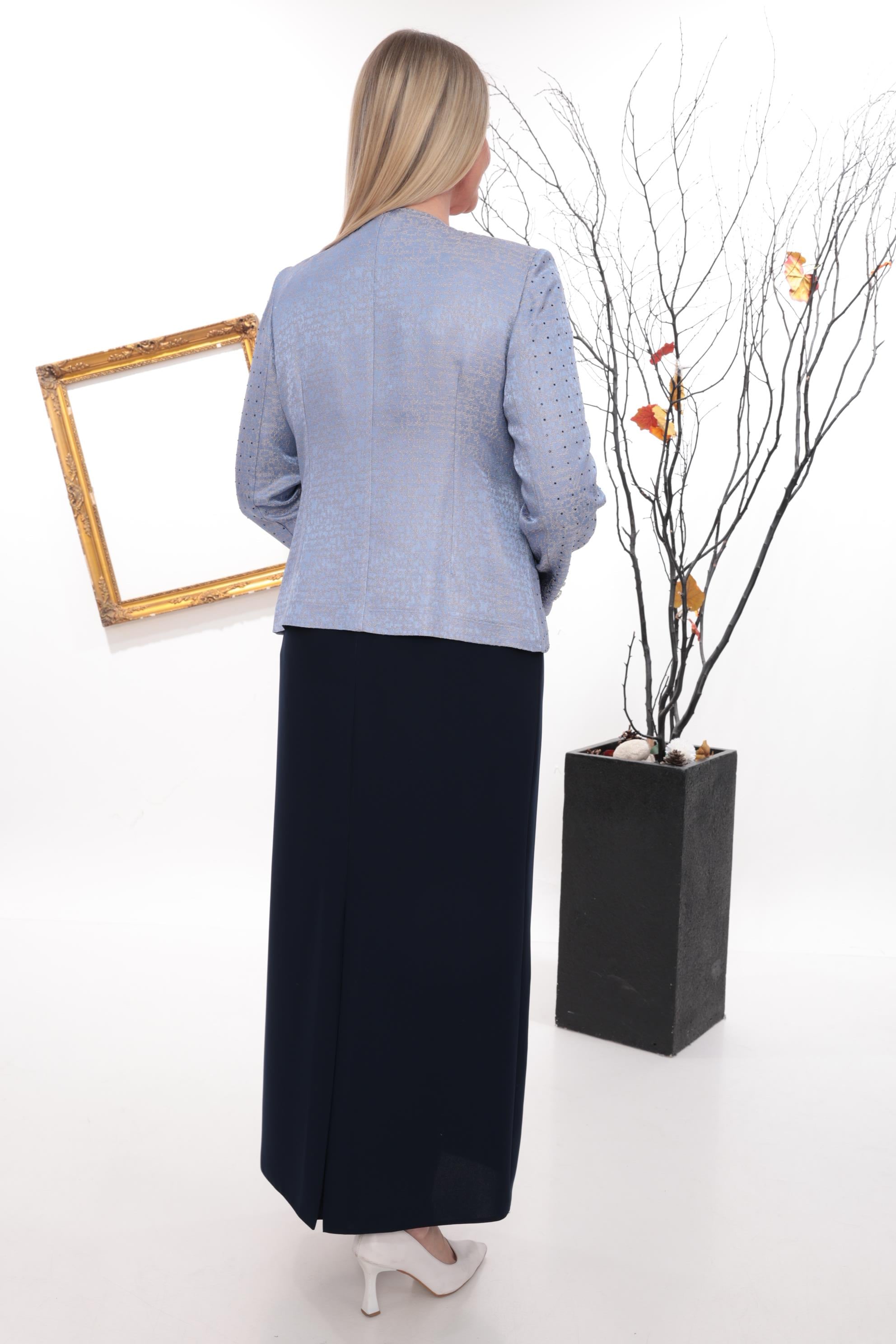 Önü Şık Taş İşlemeli Lacivert Uzun Etekli Üçlü Takım