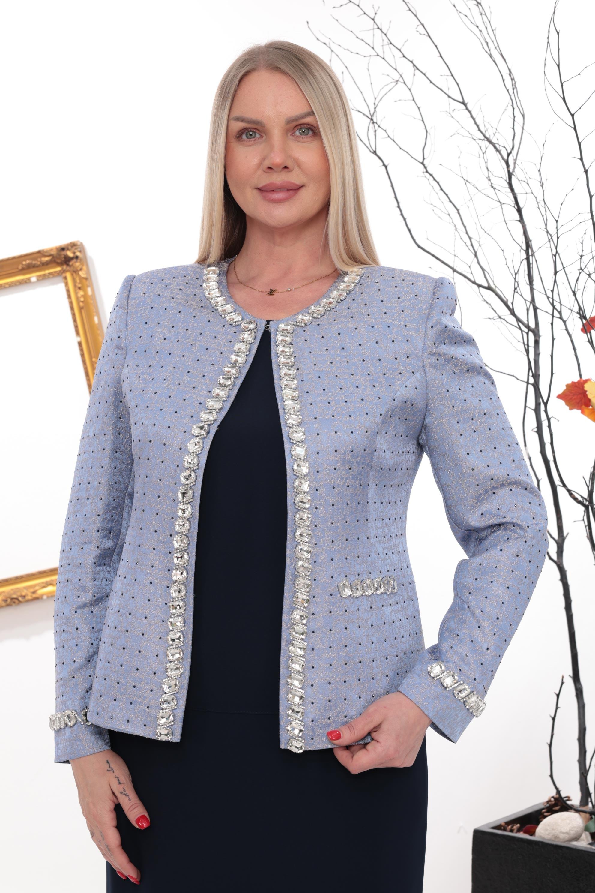 Önü Şık Taş İşlemeli Lacivert Uzun Etekli Üçlü Takım