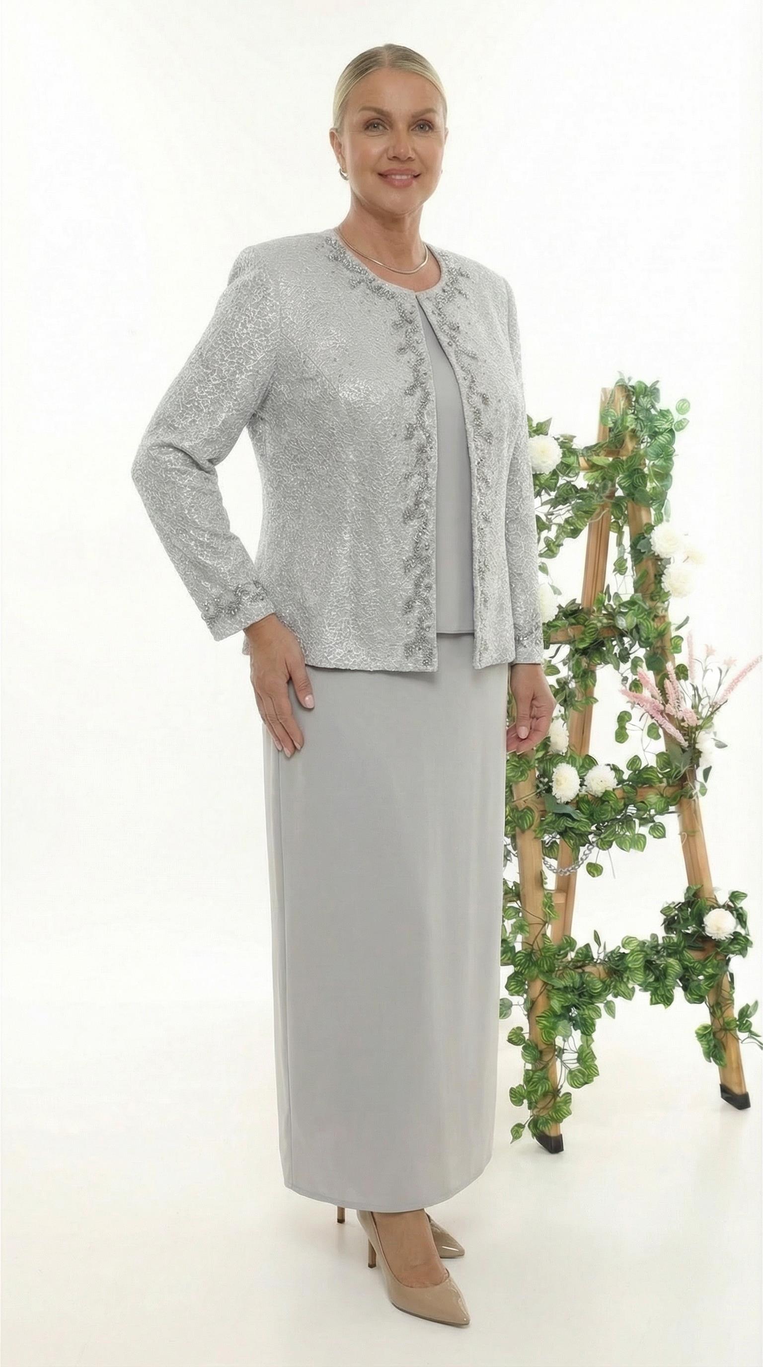 Şık Taş Detaylı Büyük Beden Gri Uzun Etekli Üçlü Takım