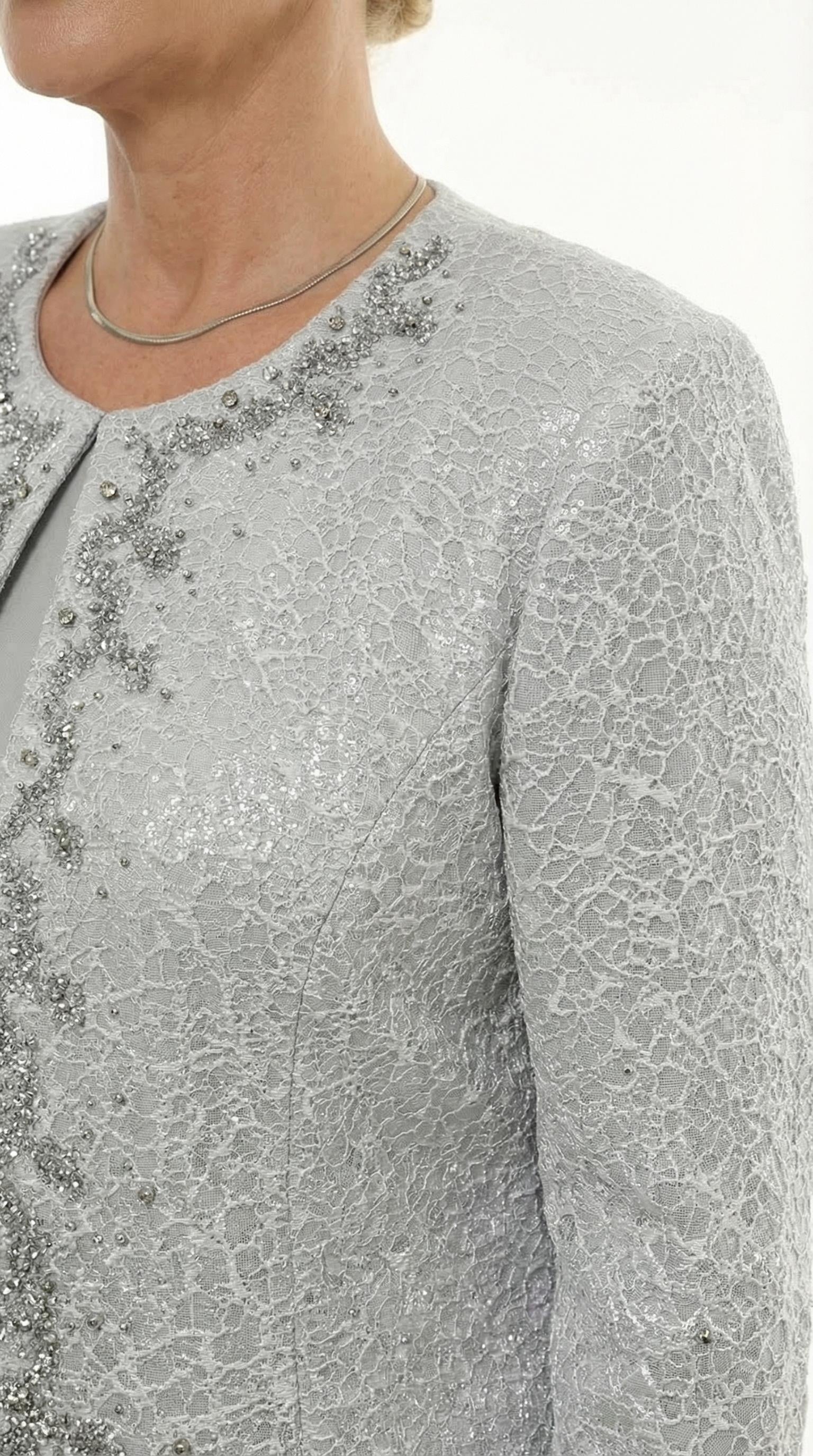 Şık Taş Detaylı Büyük Beden Gri Uzun Etekli Üçlü Takım