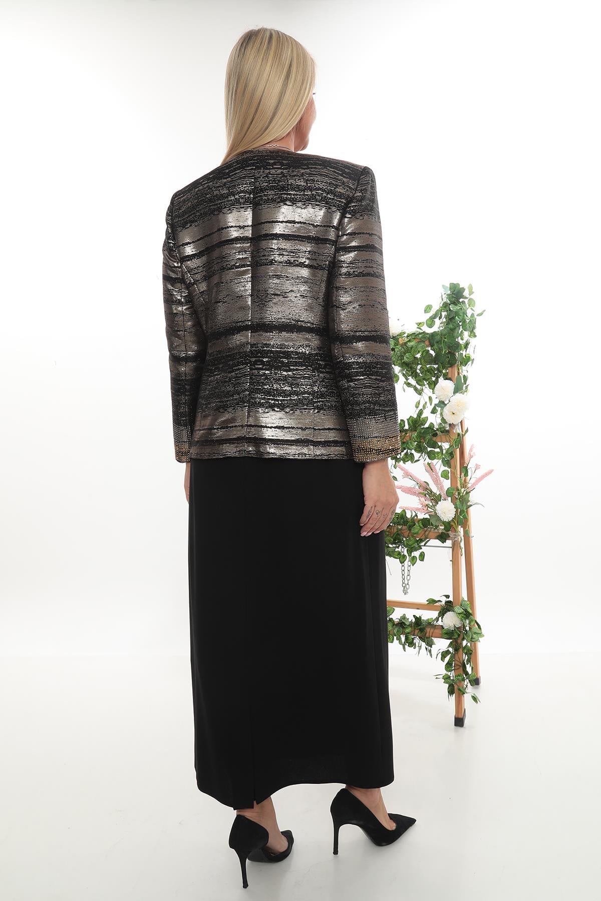 Siyah Altın Simli Taş İşleme Detaylı Uzun Etekli Üçlü Takım