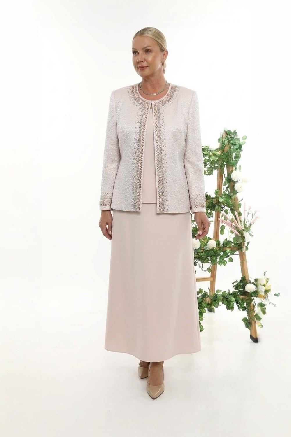 Taşlı Astarlı Jakar Pudra Uzun Etekli Üçlü Takım