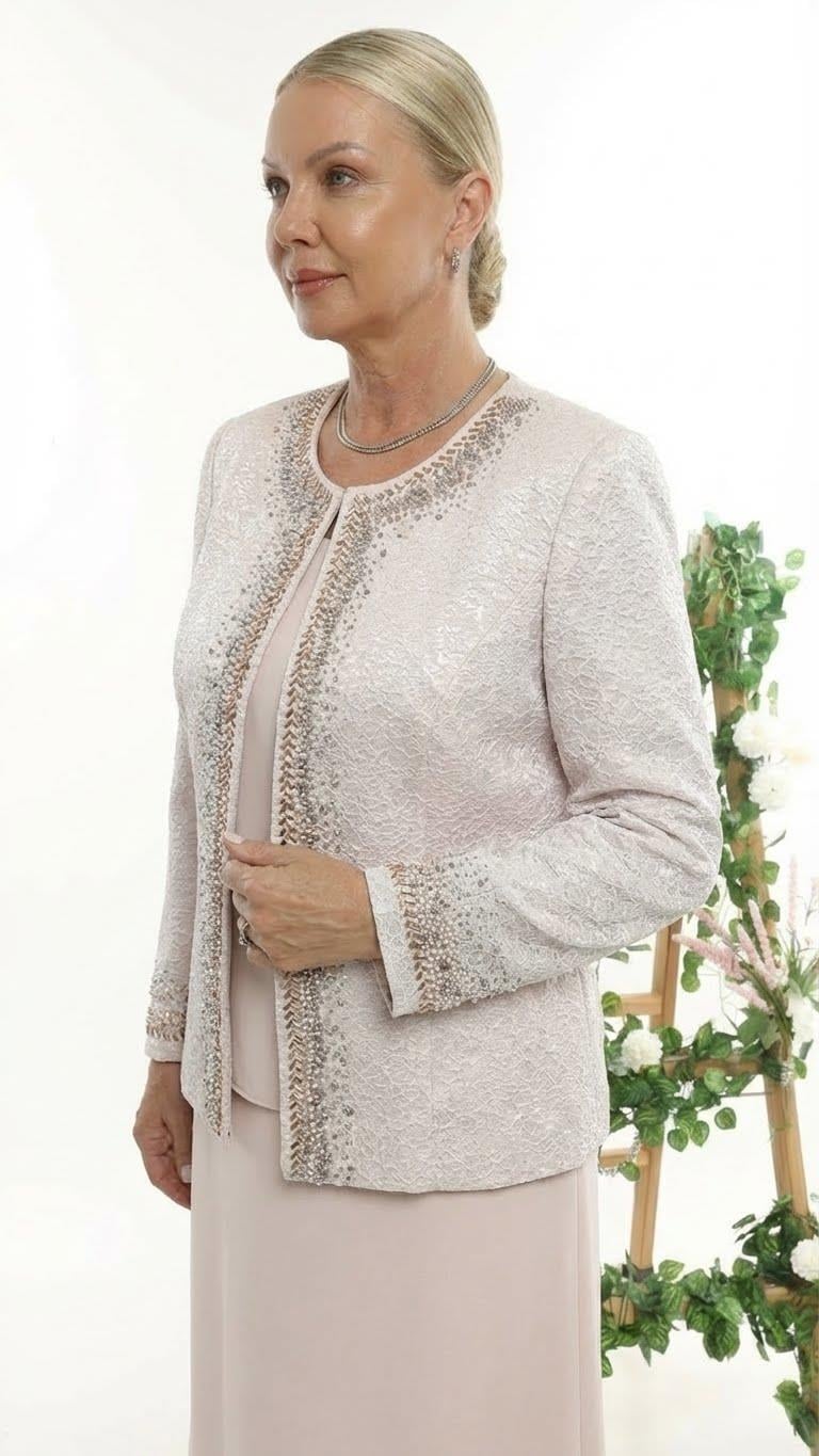 Taşlı Astarlı Jakar Pudra Uzun Etekli Üçlü Takım