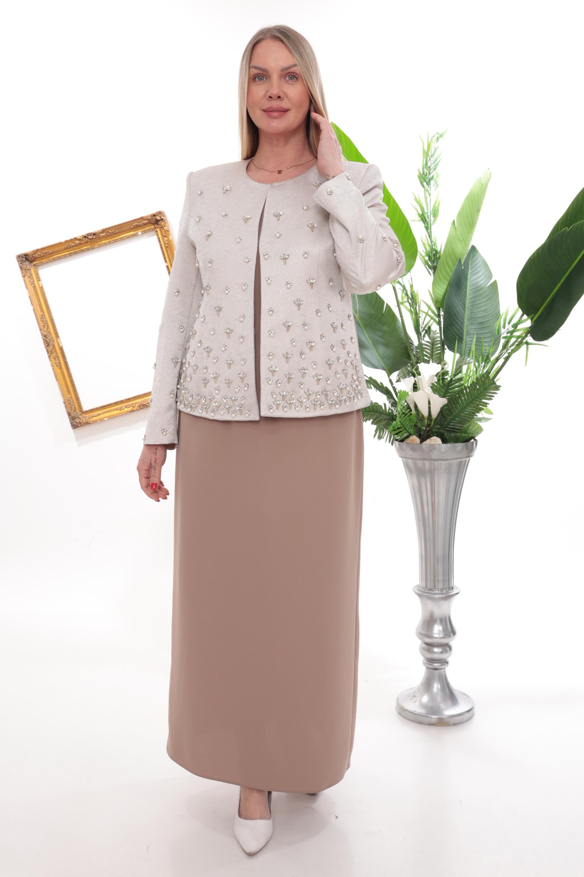 Vizon Taş İşlemeli Uzun Etekli Üçlü Takım