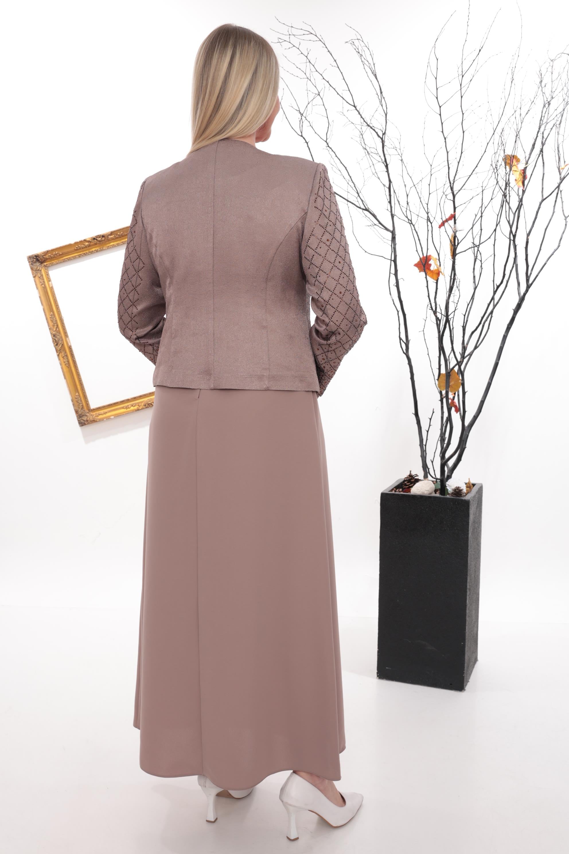 Yaka ve Kolu Şık Kristal Taş İşlemeli Kiremit Uzun Etekli Üçlü Takım