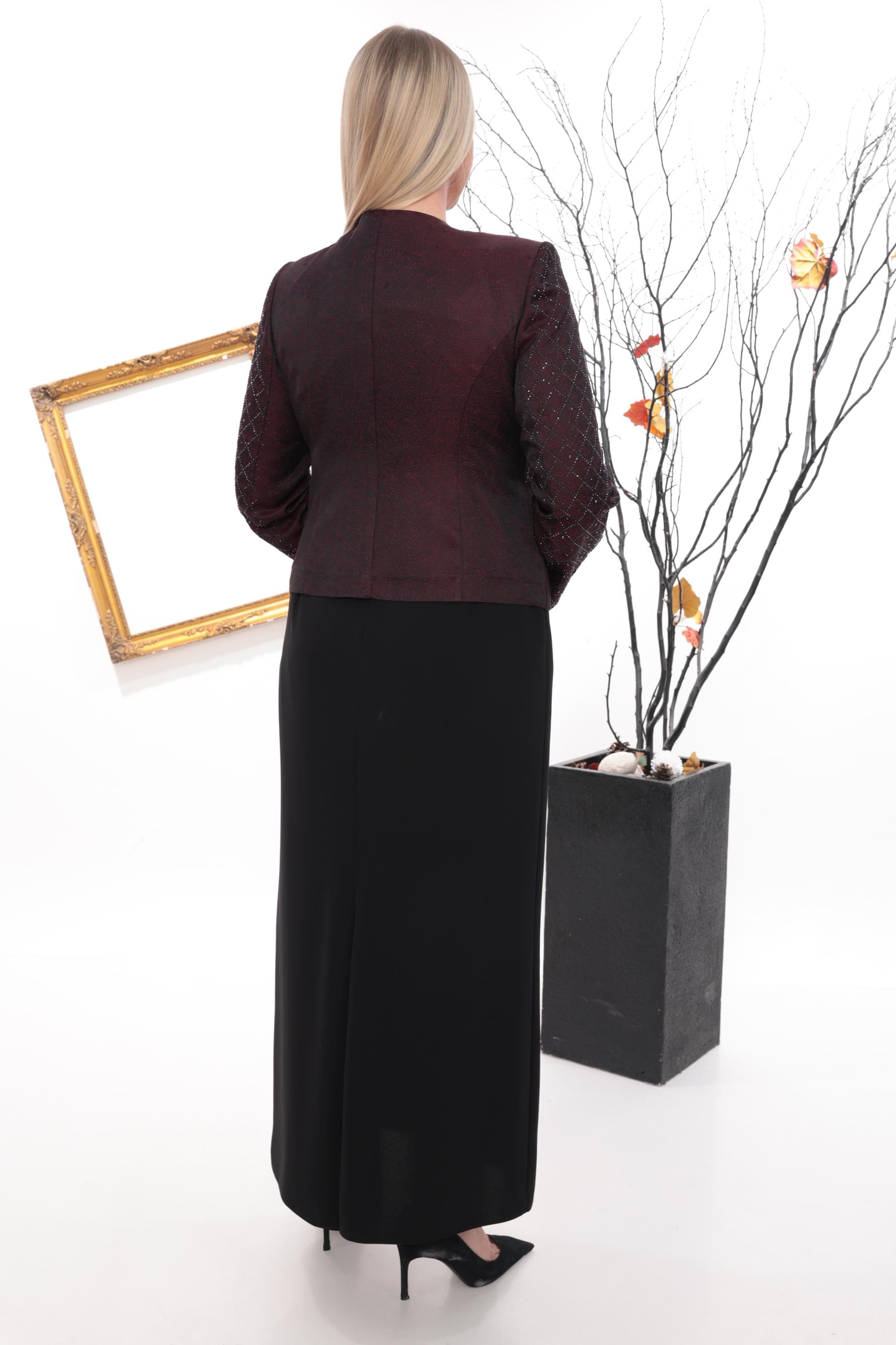 Yaka ve Kolu Şık Kristal Taş İşlemeli Bordo Uzun Etekli Üçlü Takım