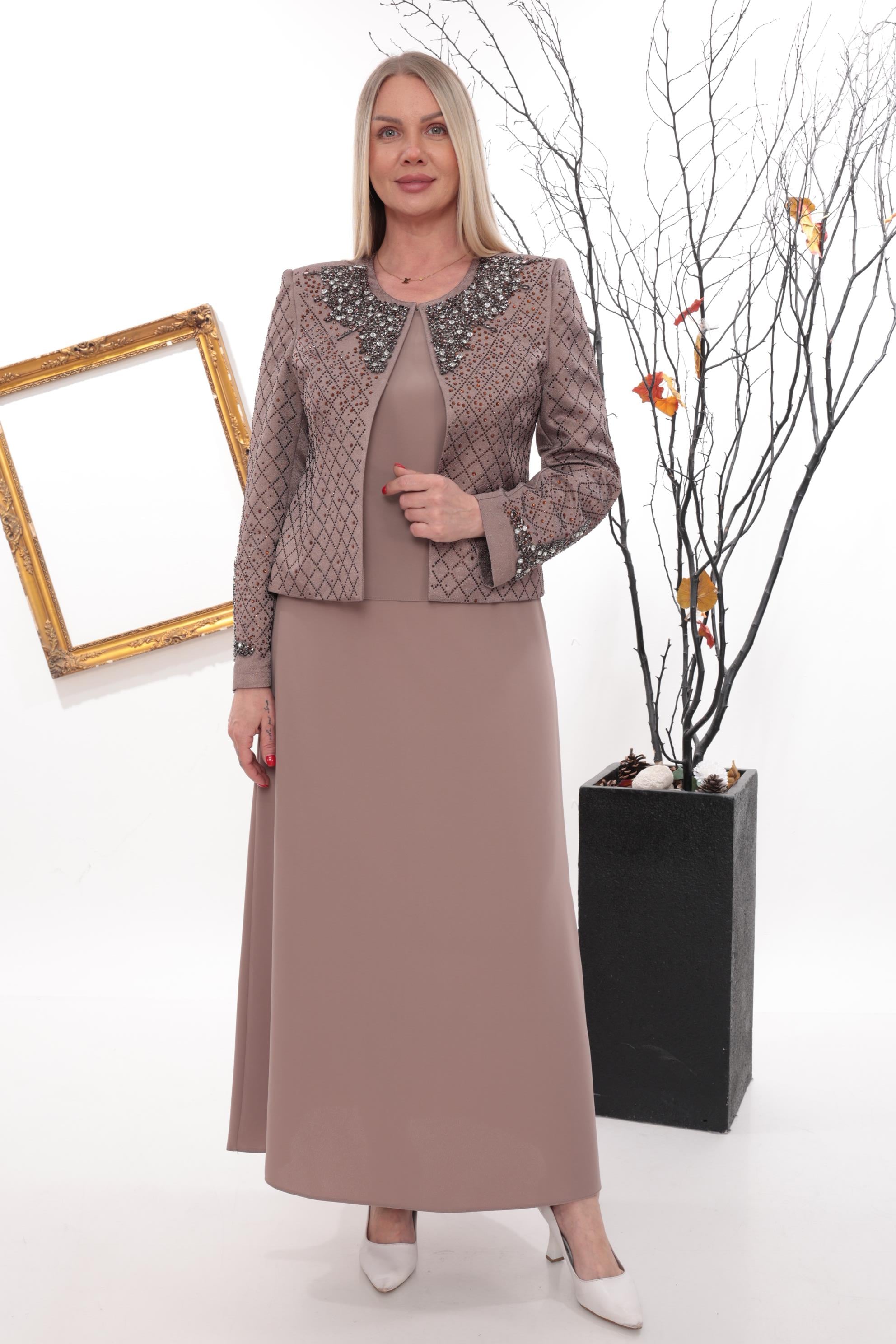 Yaka ve Kolu Şık Kristal Taş İşlemeli Kiremit Uzun Etekli Üçlü Takım