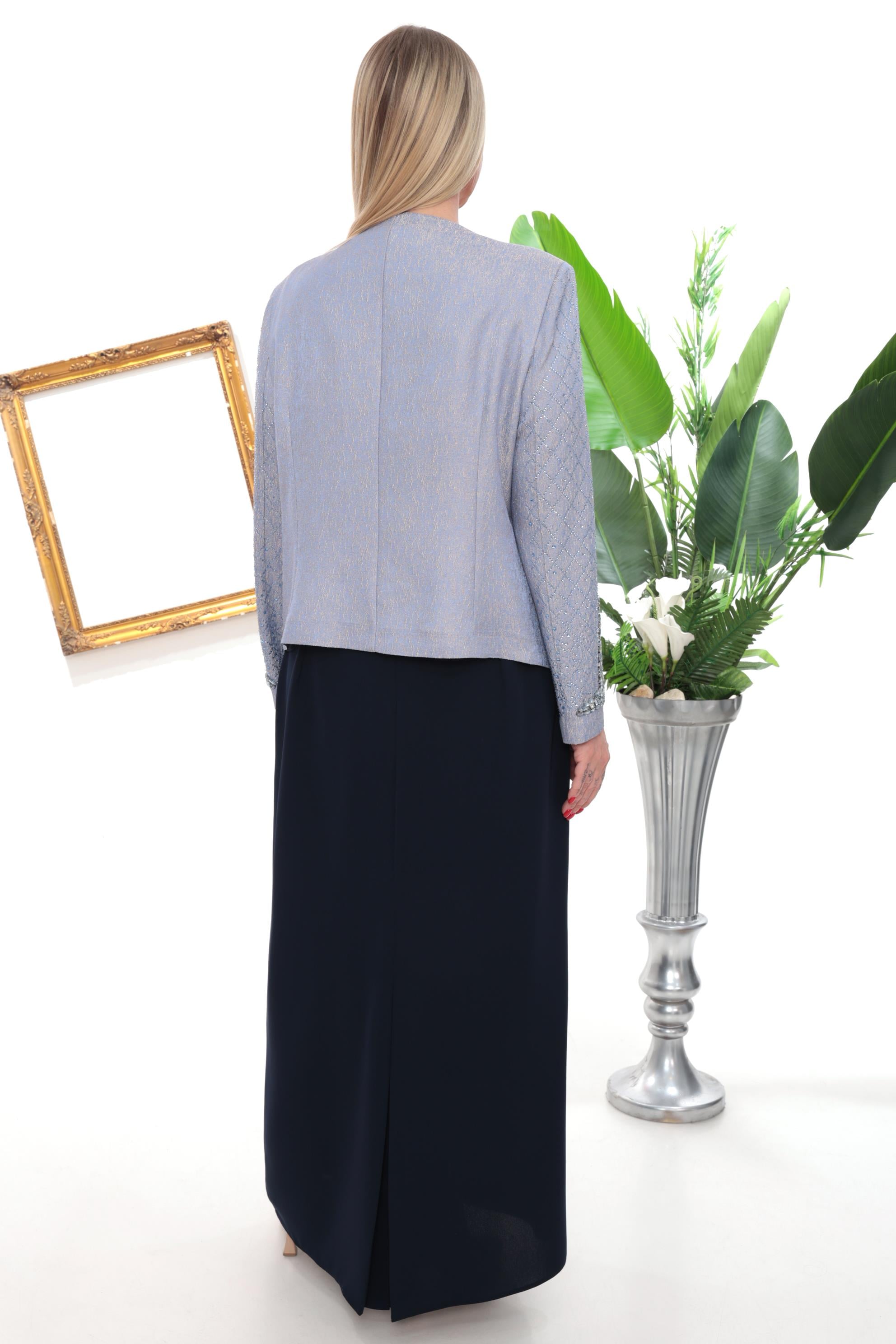 Yaka ve Kolu Şık Kristal Taş İşlemeli Lacivert Uzun Etekli Üçlü Takım