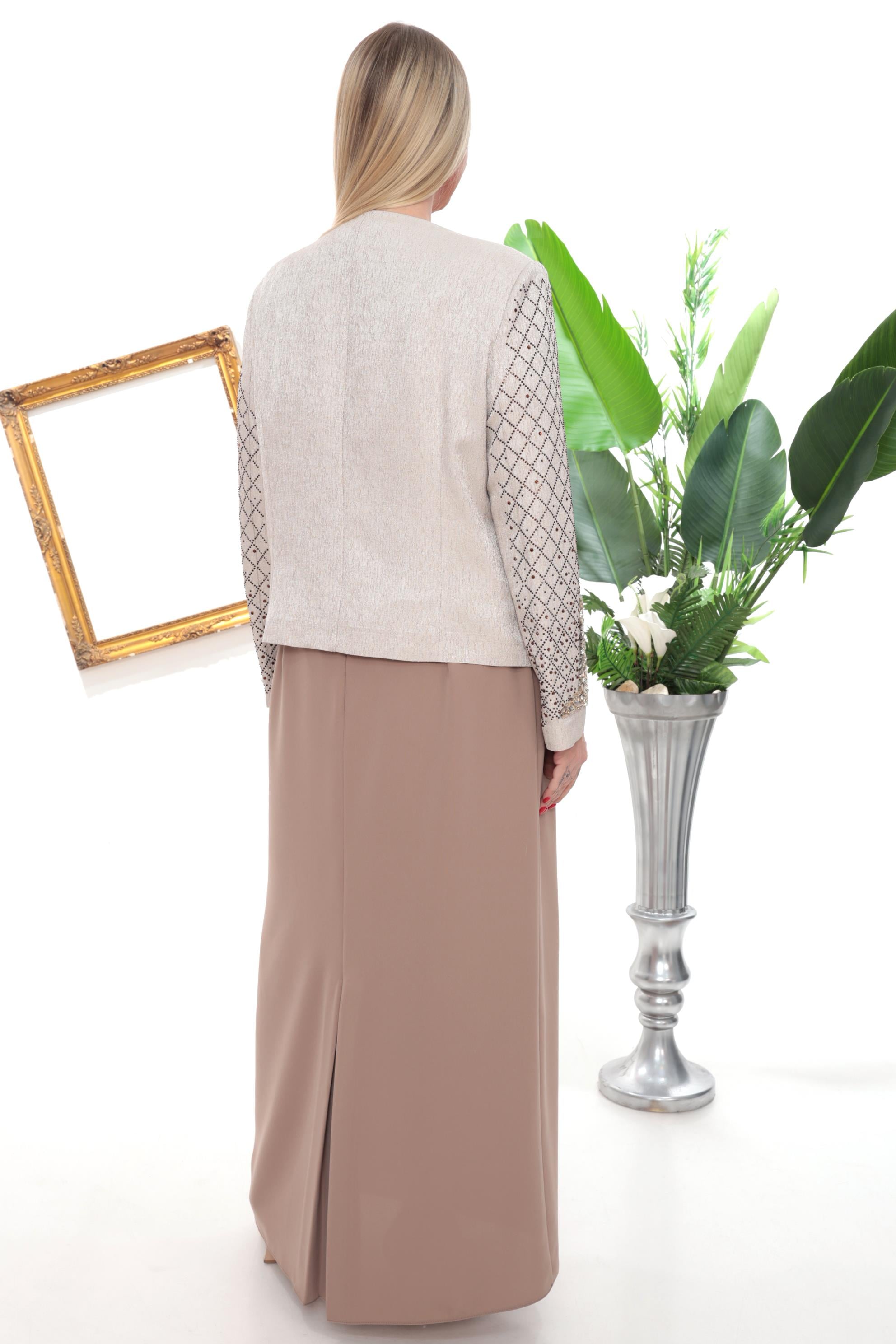 Yaka ve Kolu Şık Kristal Taş İşlemeli Vizon Uzun Etekli Üçlü Takım