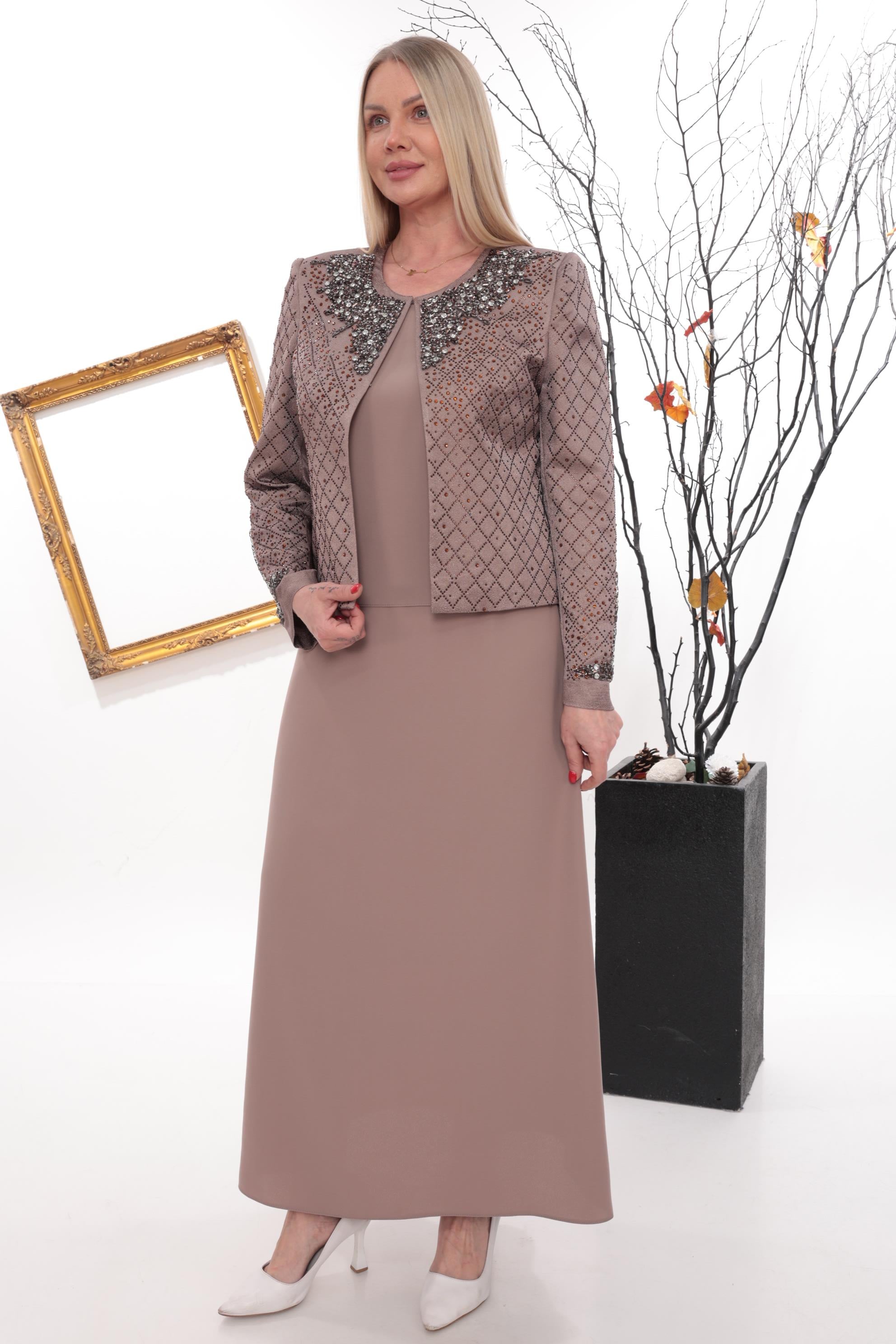 Yaka ve Kolu Şık Kristal Taş İşlemeli Kiremit Uzun Etekli Üçlü Takım