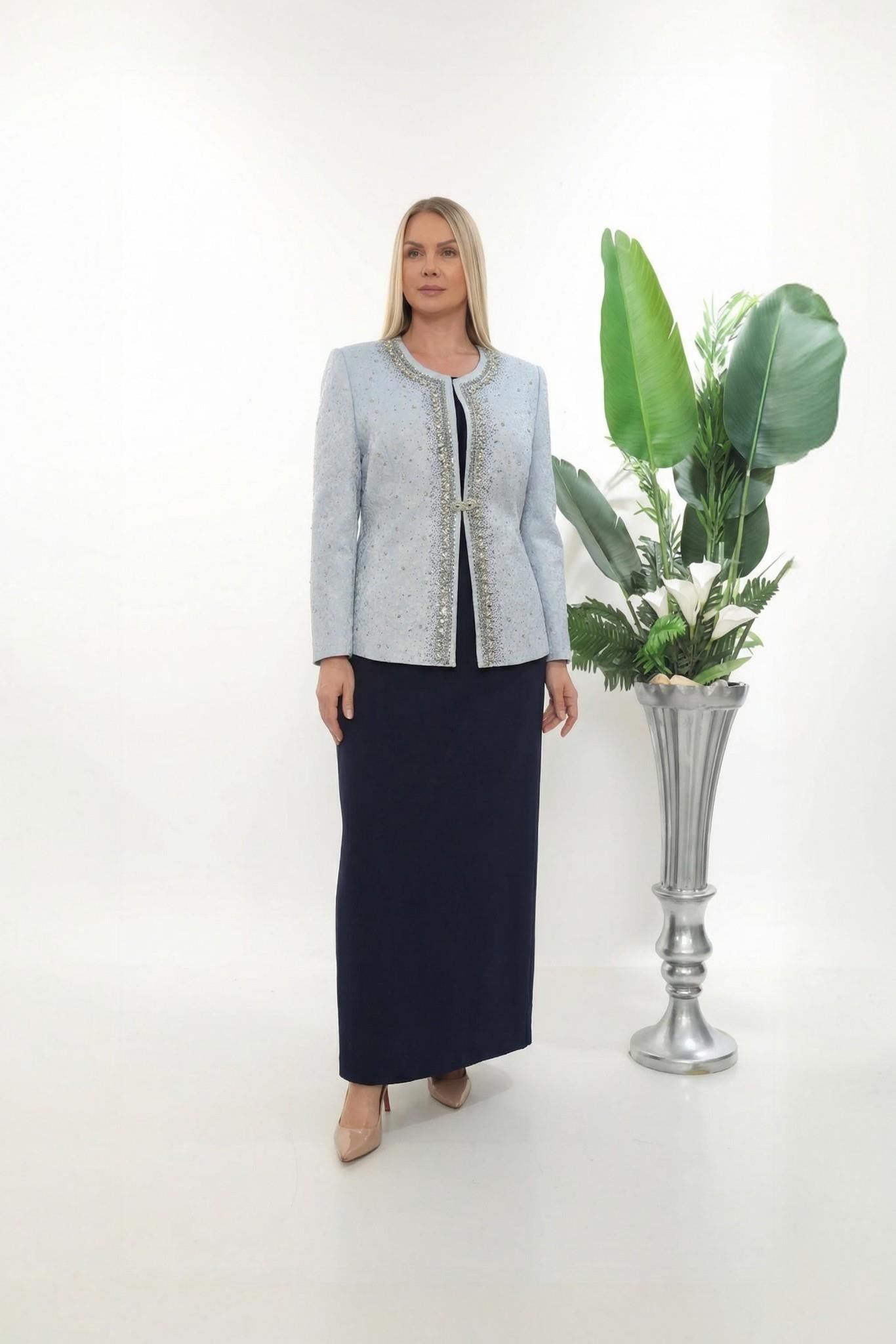 Zarif Taş İşlemeli Şık Astarlı Lacivert Uzun Etekli Üçlü Takım