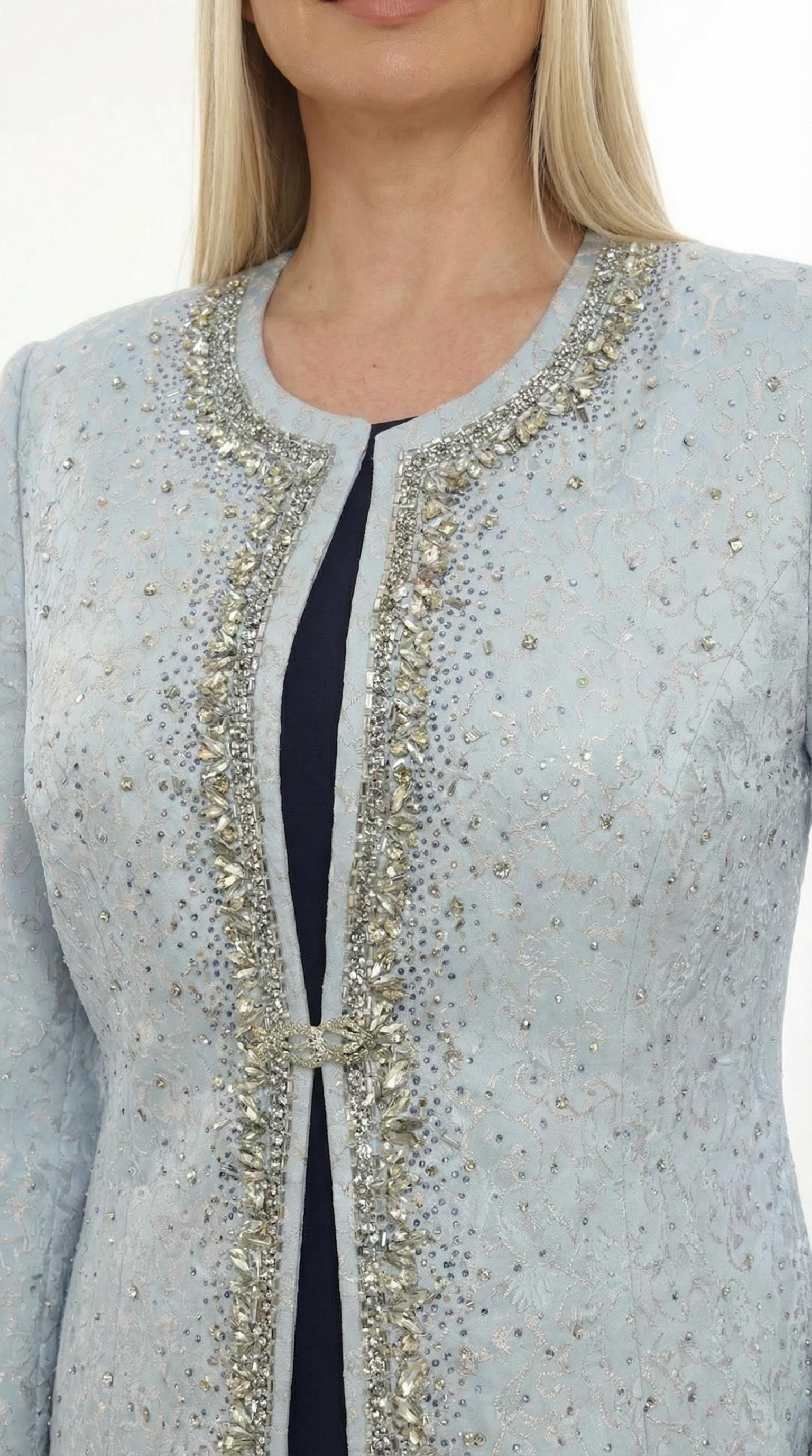 Zarif Taş İşlemeli Şık Astarlı Lacivert Uzun Etekli Üçlü Takım