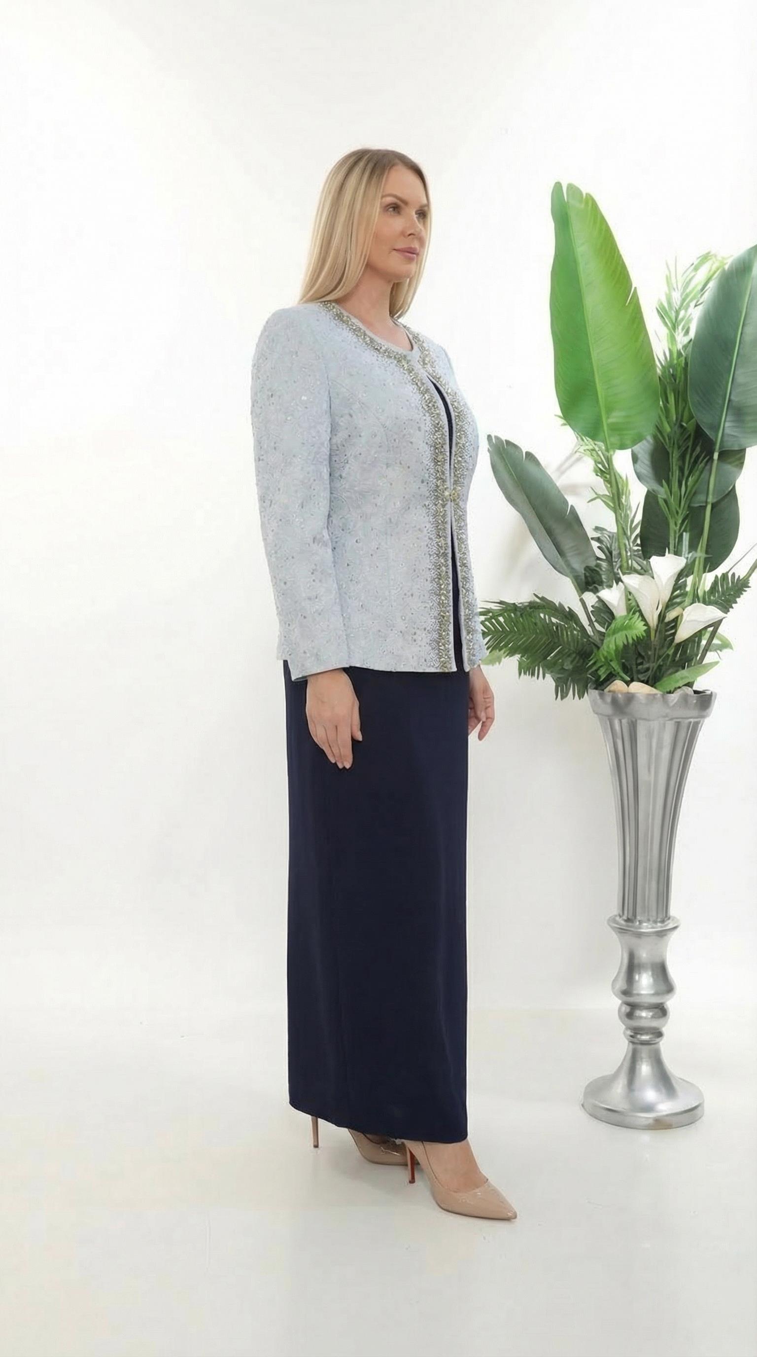 Zarif Taş İşlemeli Şık Astarlı Lacivert Uzun Etekli Üçlü Takım