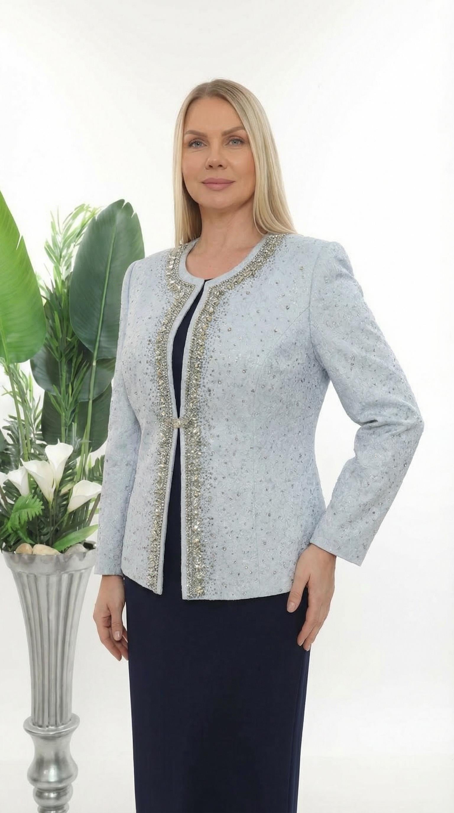 Zarif Taş İşlemeli Şık Astarlı Lacivert Uzun Etekli Üçlü Takım