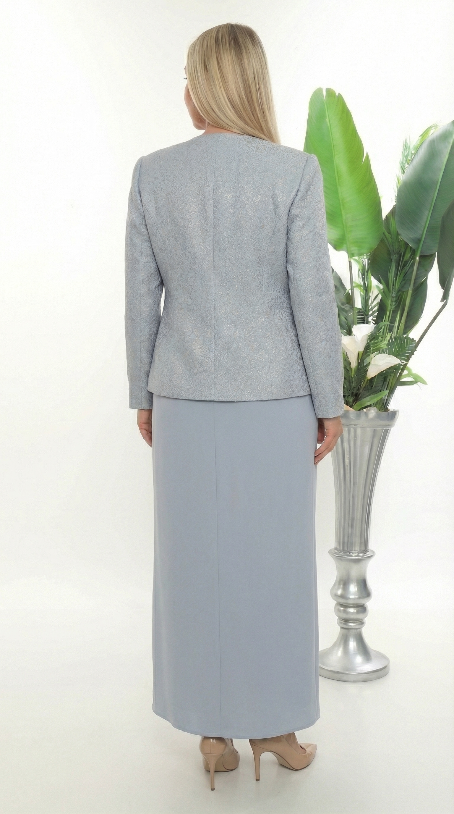 Zarif Taşlı Kapalı Yırtmaç Buz Mavisi Uzun Etekli Üçlü Takım