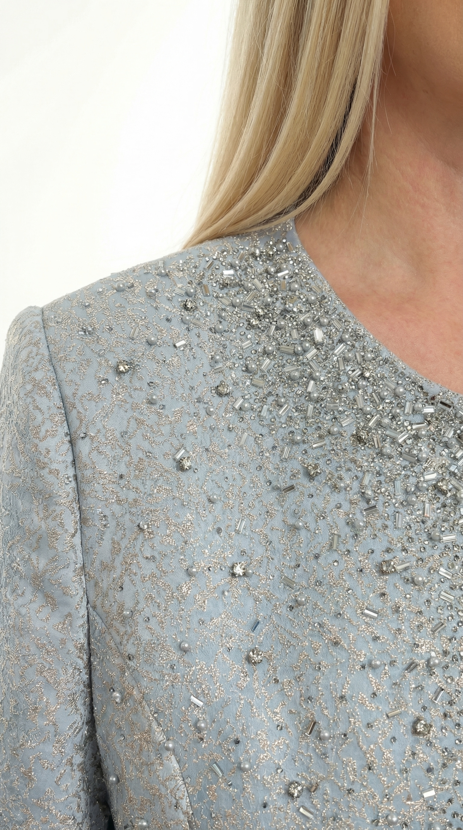 Zarif Taşlı Kapalı Yırtmaç Buz Mavisi Uzun Etekli Üçlü Takım