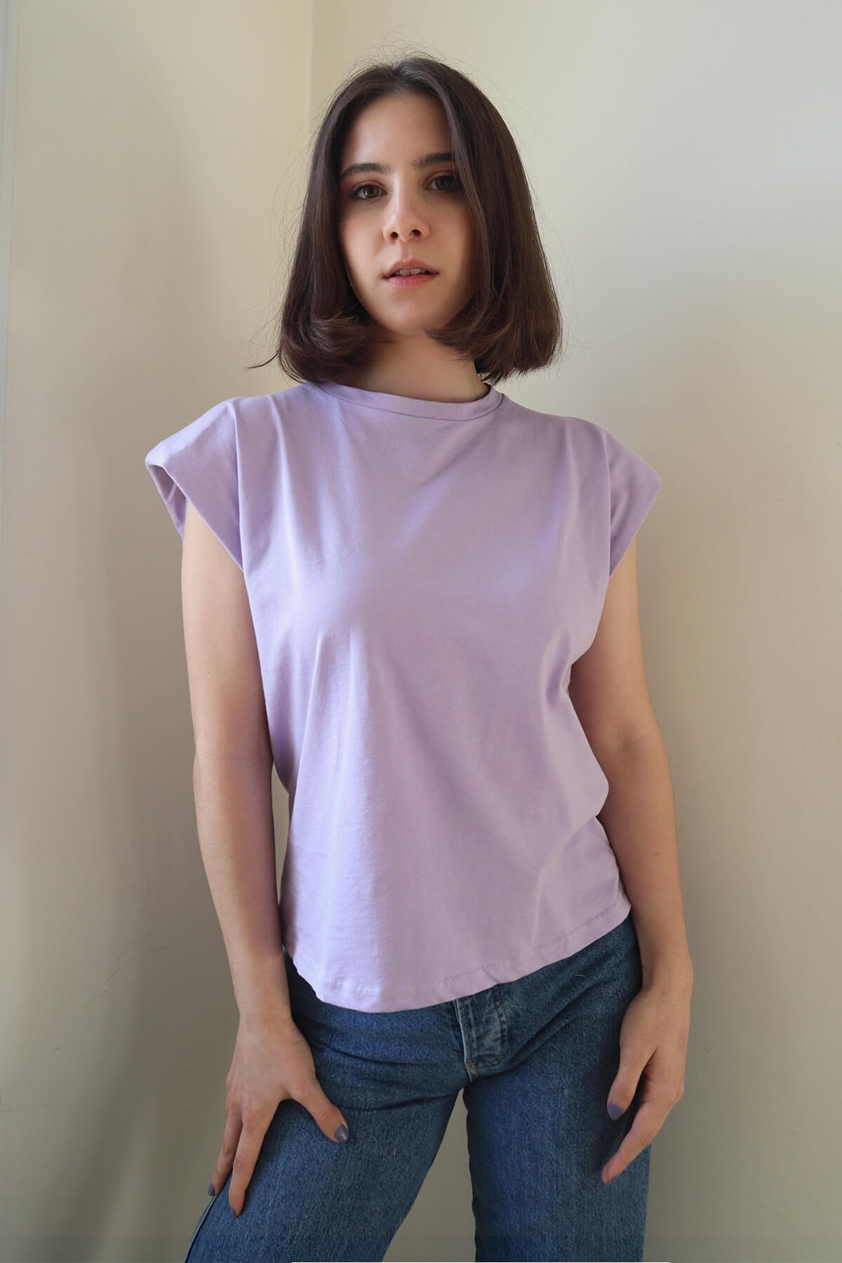 MORE-149 Vatkalı Lila Kolsuz T-Shirt