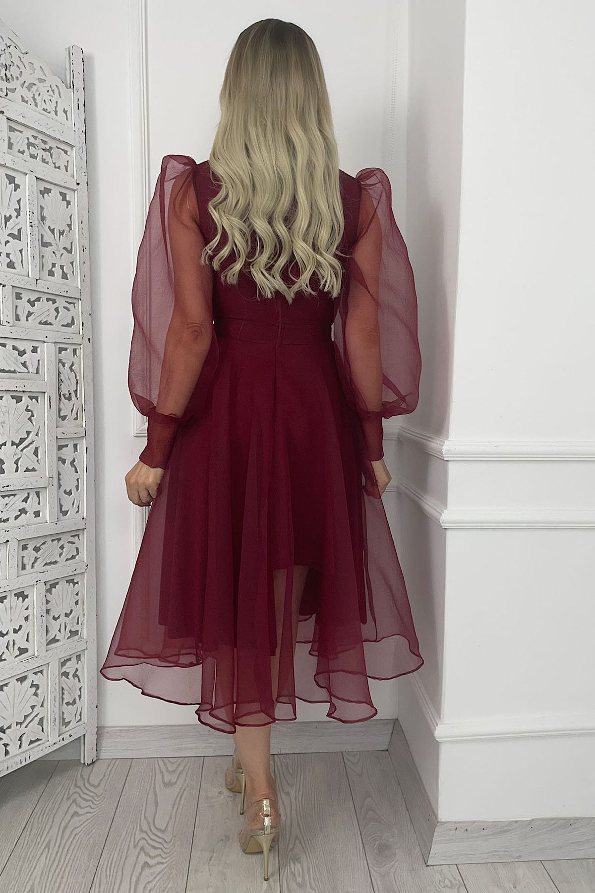 G0022 Tül Tasarım Elbise Bordo
