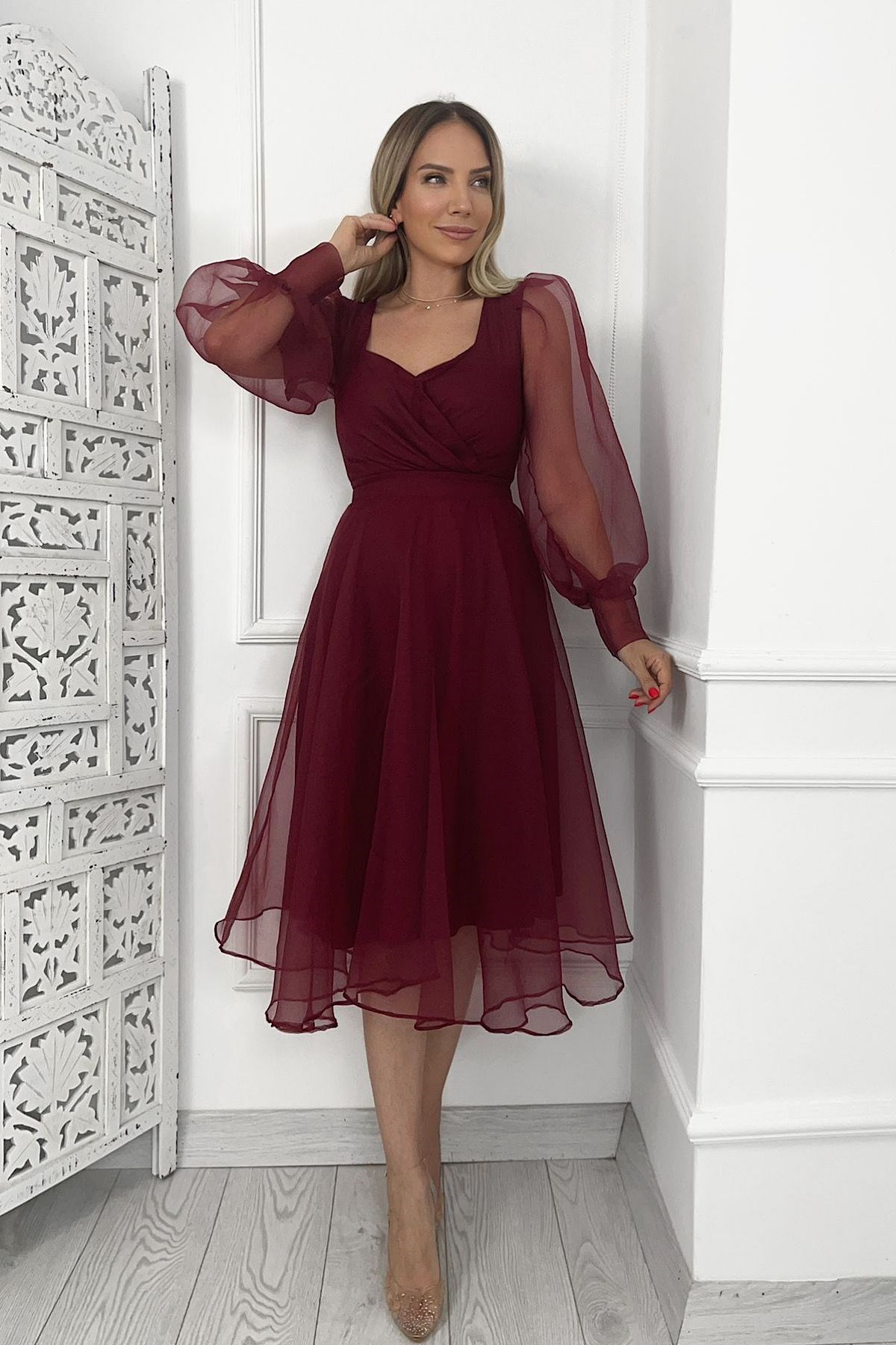 G0022 Tül Tasarım Elbise Bordo