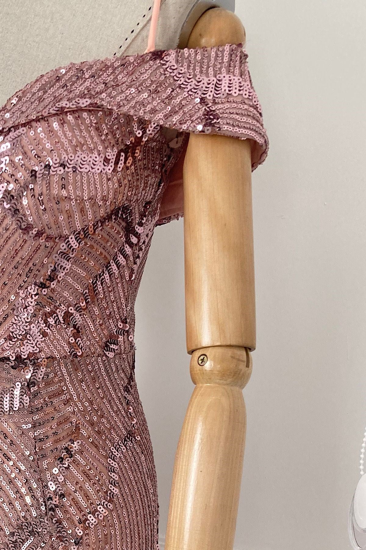 G0067 Madonna Yaka Maksi Payet Elbise Rose