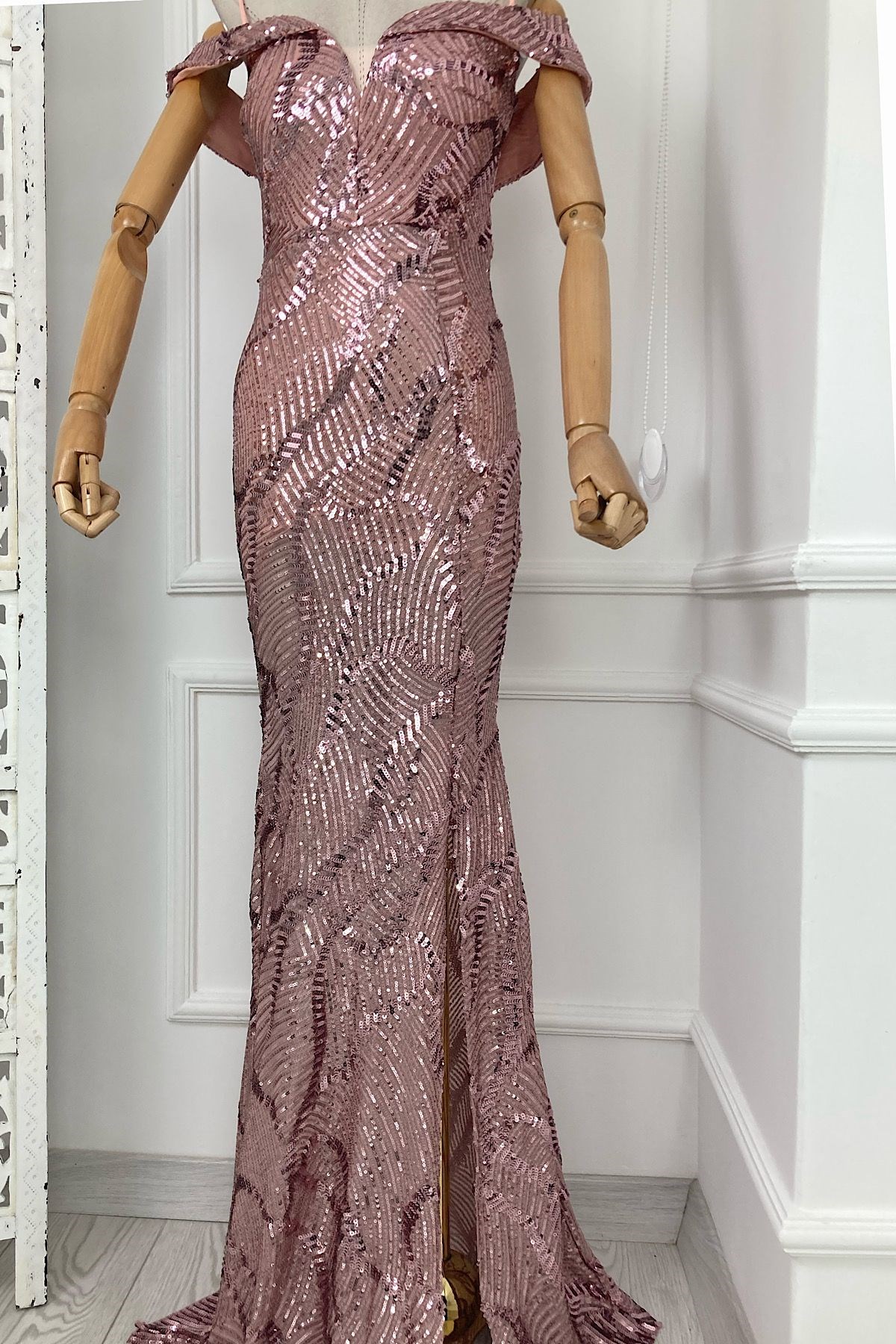 G0067 Madonna Yaka Maksi Payet Elbise Rose