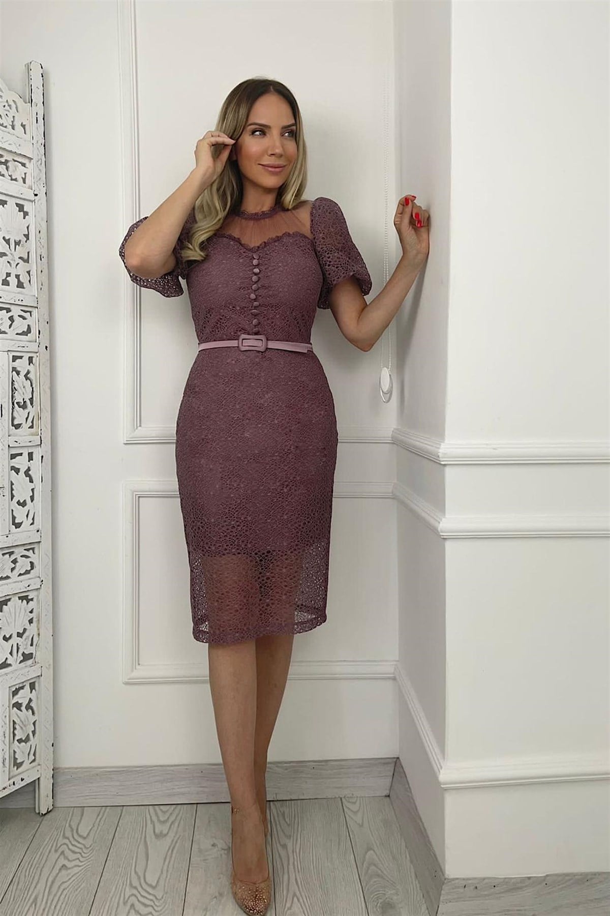 G0183 Düğme Detaylı Balon Kol Güpür Elbise Gül Kurusu