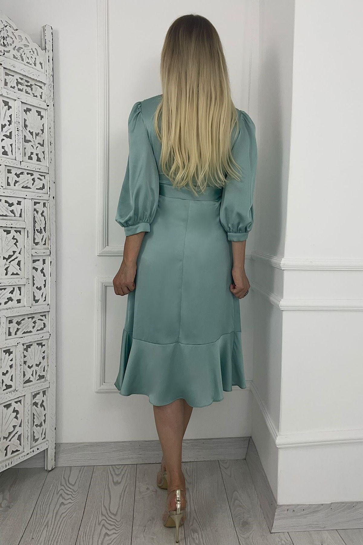 G0249 Kruvaze Yaka Fırfırlı Saten Elbise Mint