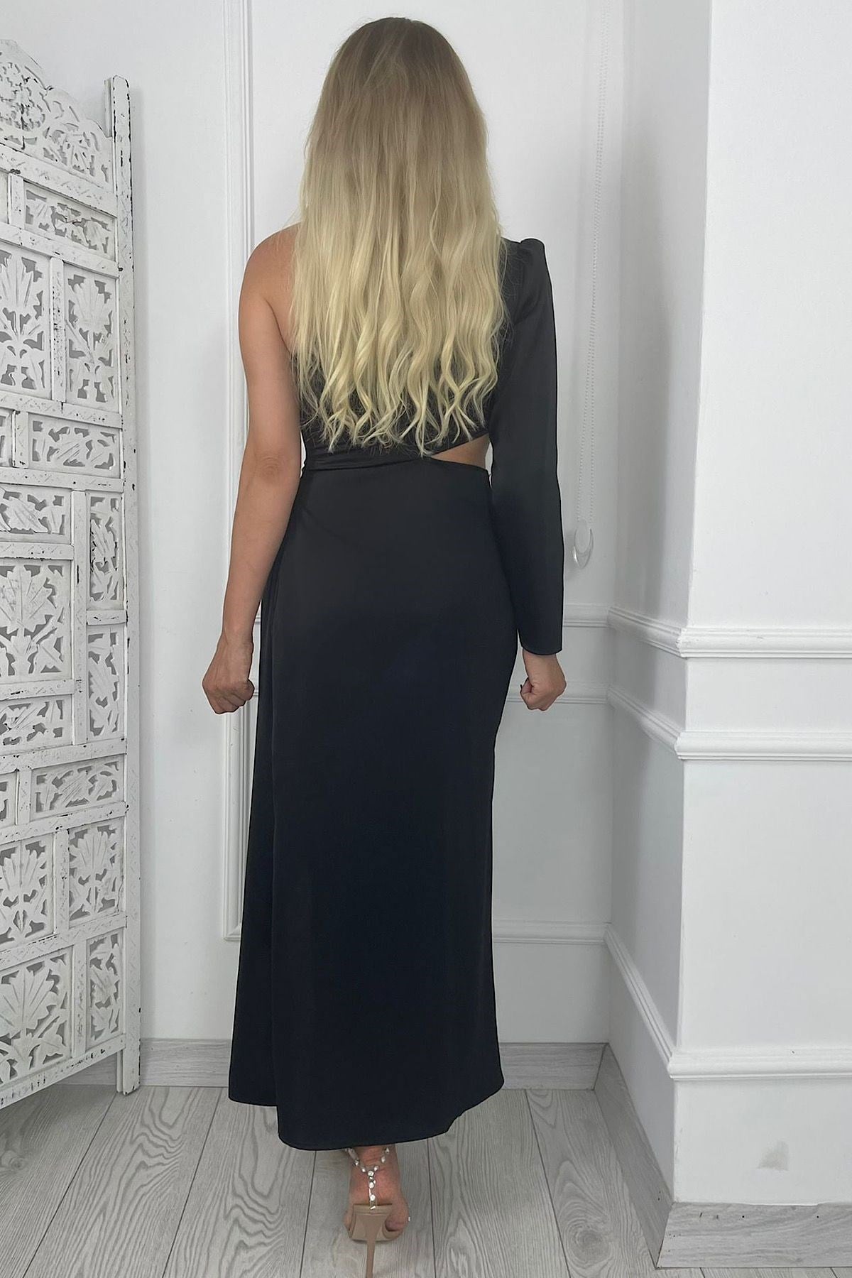 G0262 Tek Omuz Drape Detaylı Tasarım Elbise Siyah