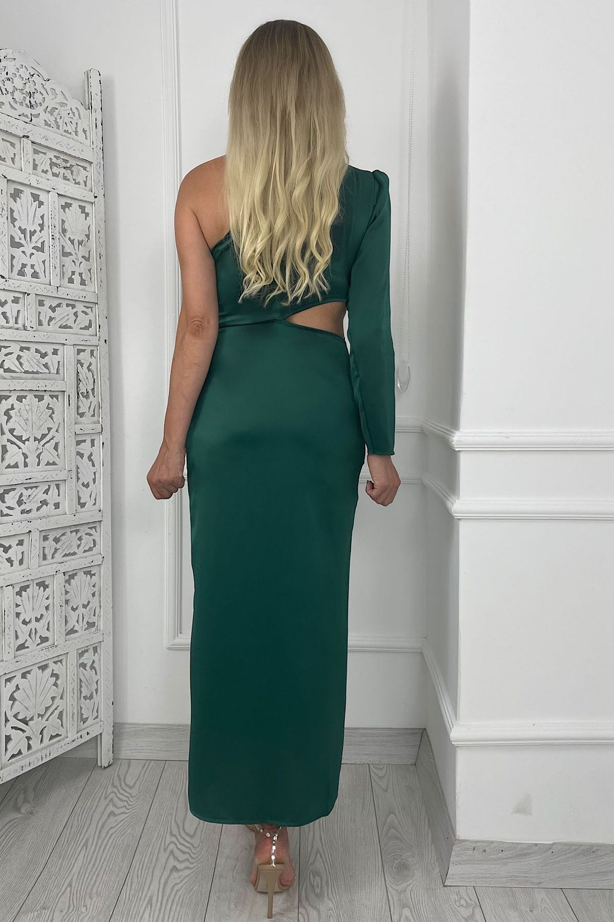 G0262 Tek Omuz Drape Detaylı Tasarım Elbise Zümrüt