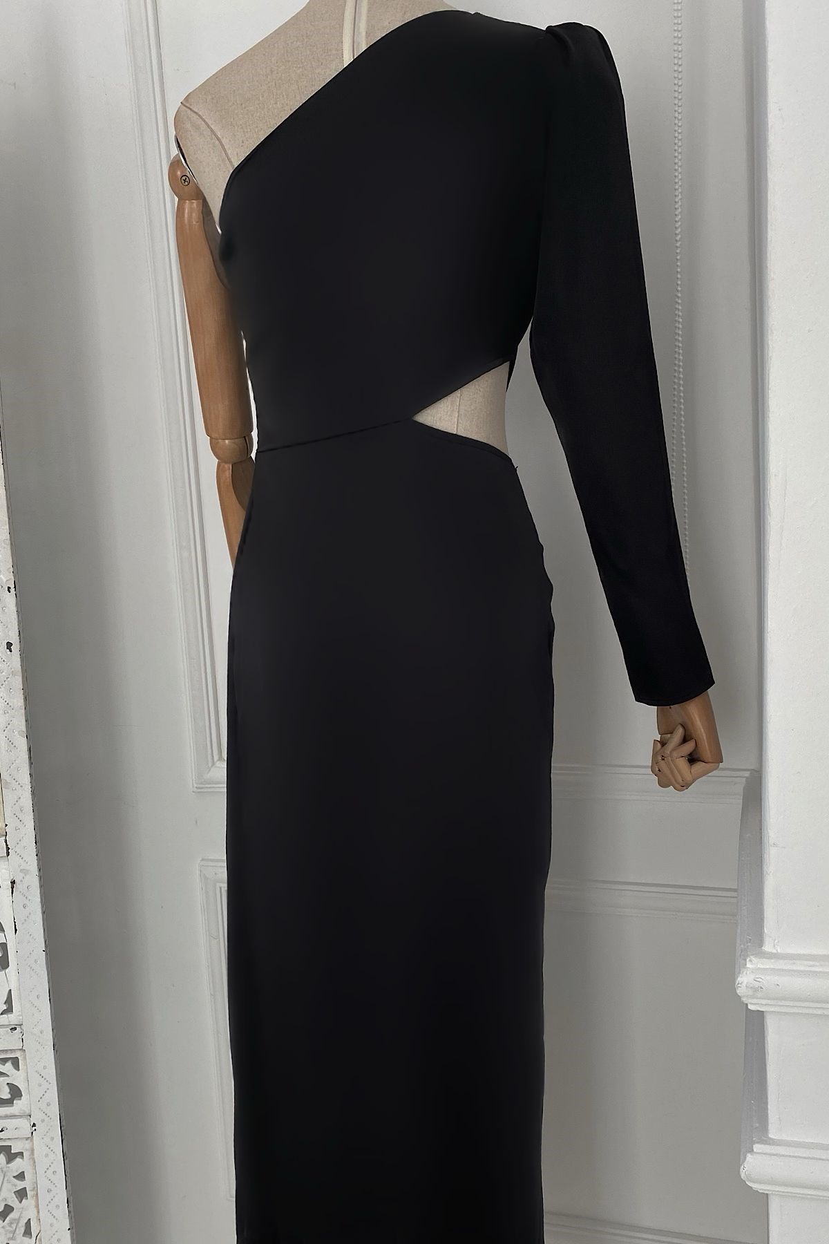 G0262 Tek Omuz Drape Detaylı Tasarım Elbise Siyah