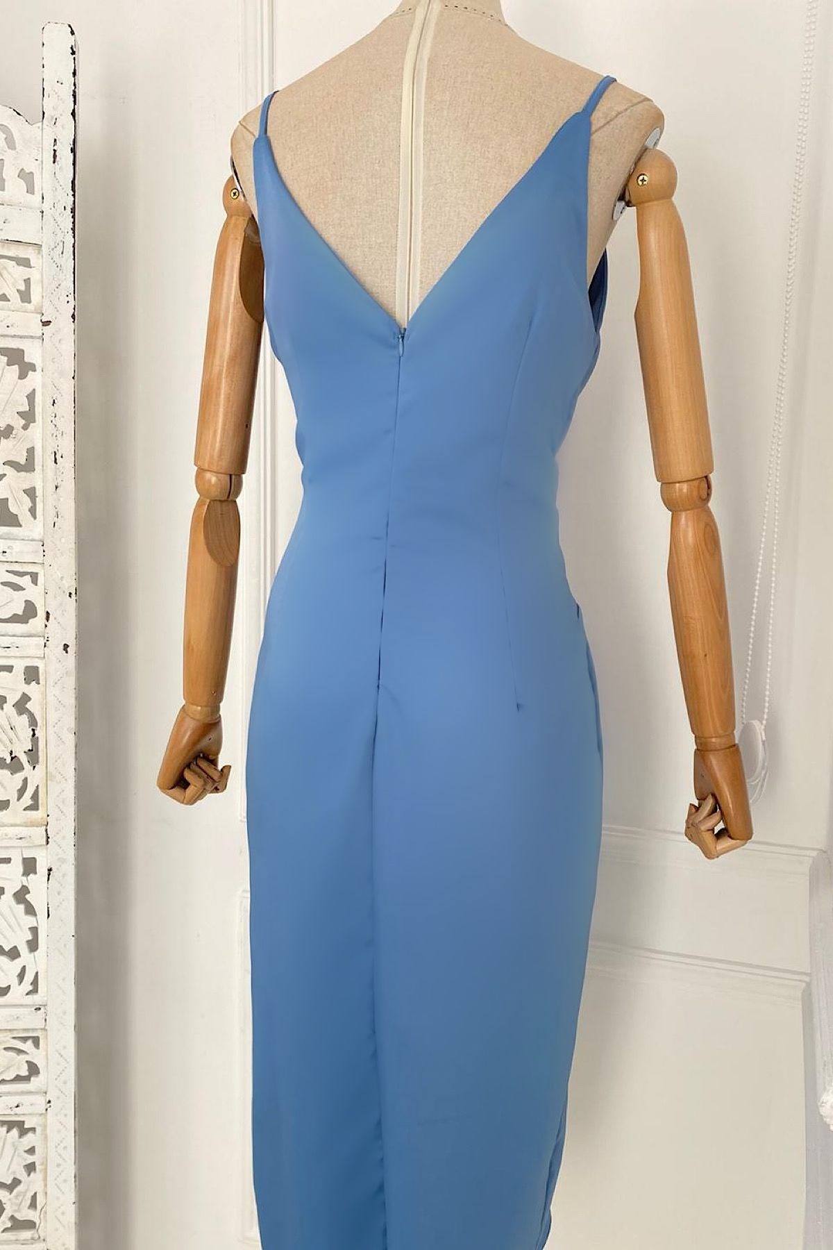 G0269 Drape Detaylı Askılı Saten Elbise Mavi